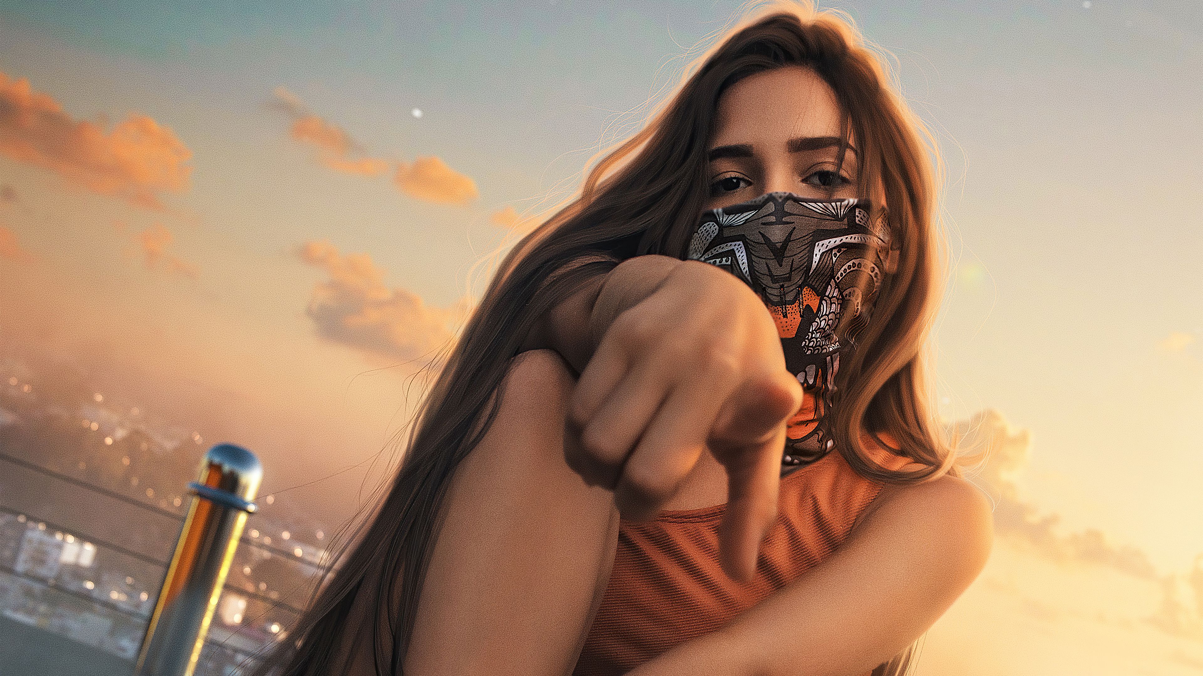 3840x2160 Urban Girl Mask Outdoor Wallpaper, HD
