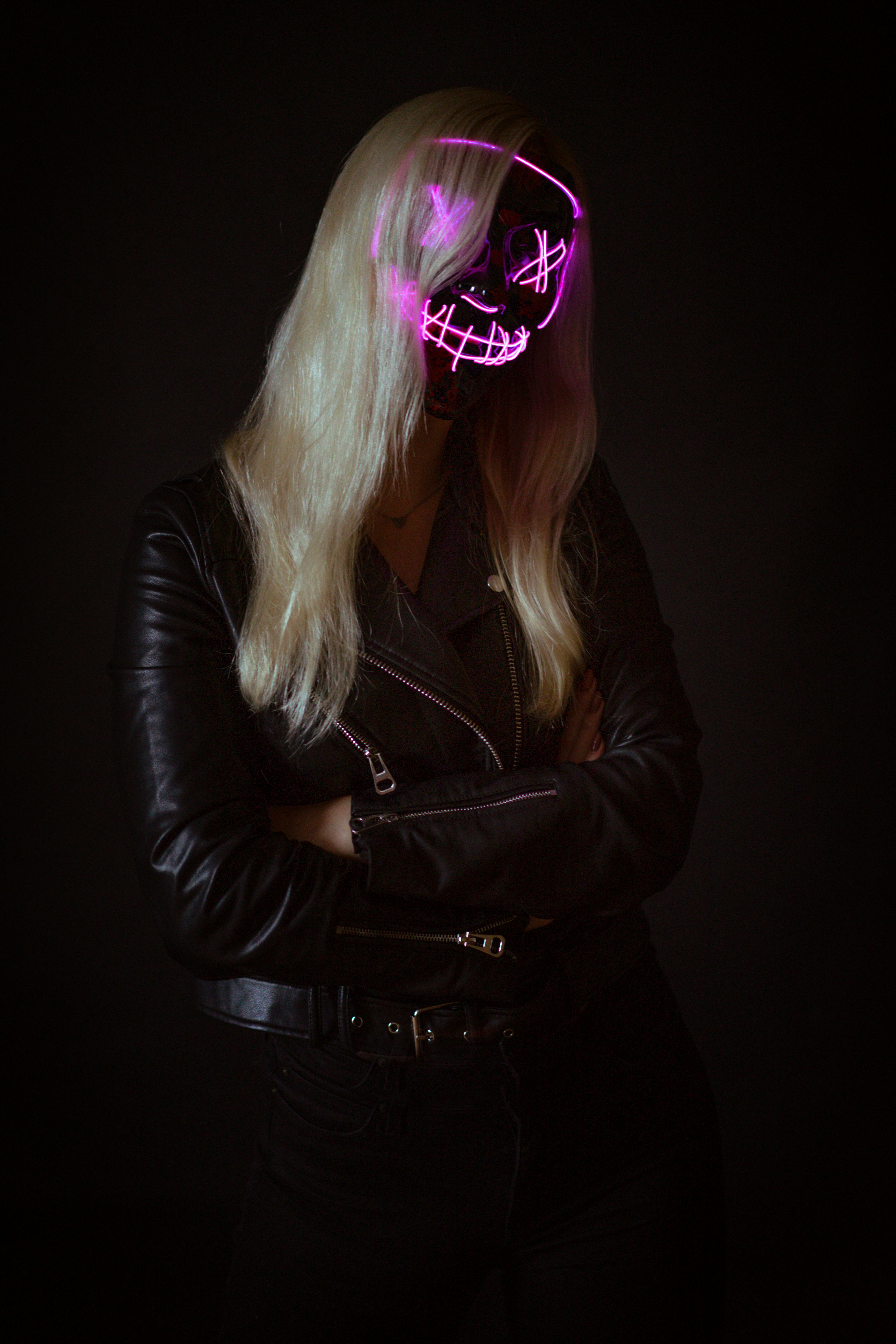 4000x6000 Woman in Mask with Neon Lights Standing