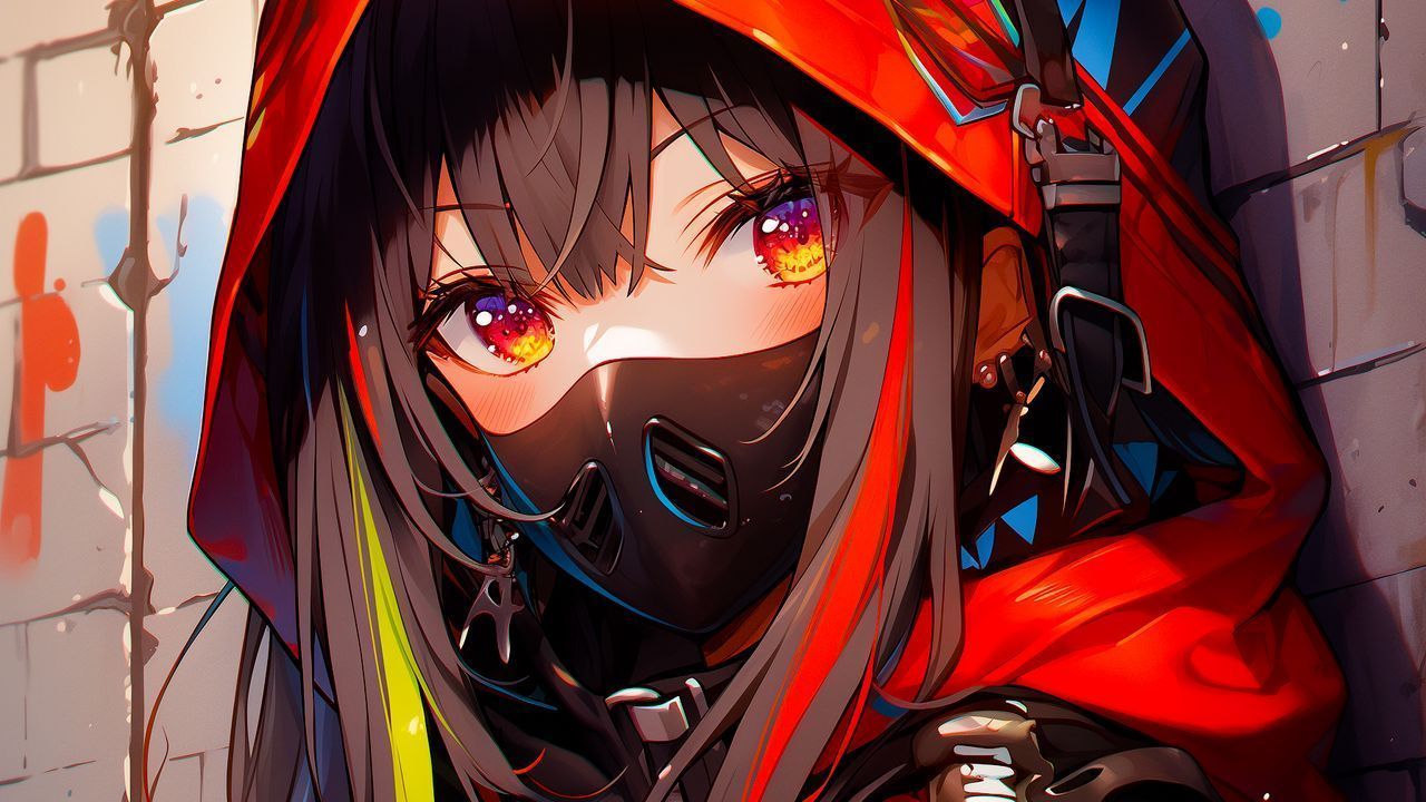 1280x720 Wallpaper girl, mask, hood, bright