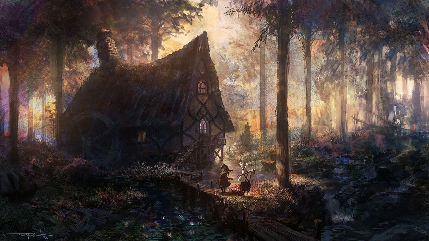 1366x768 house forest river trees artwork fantasy art cabin