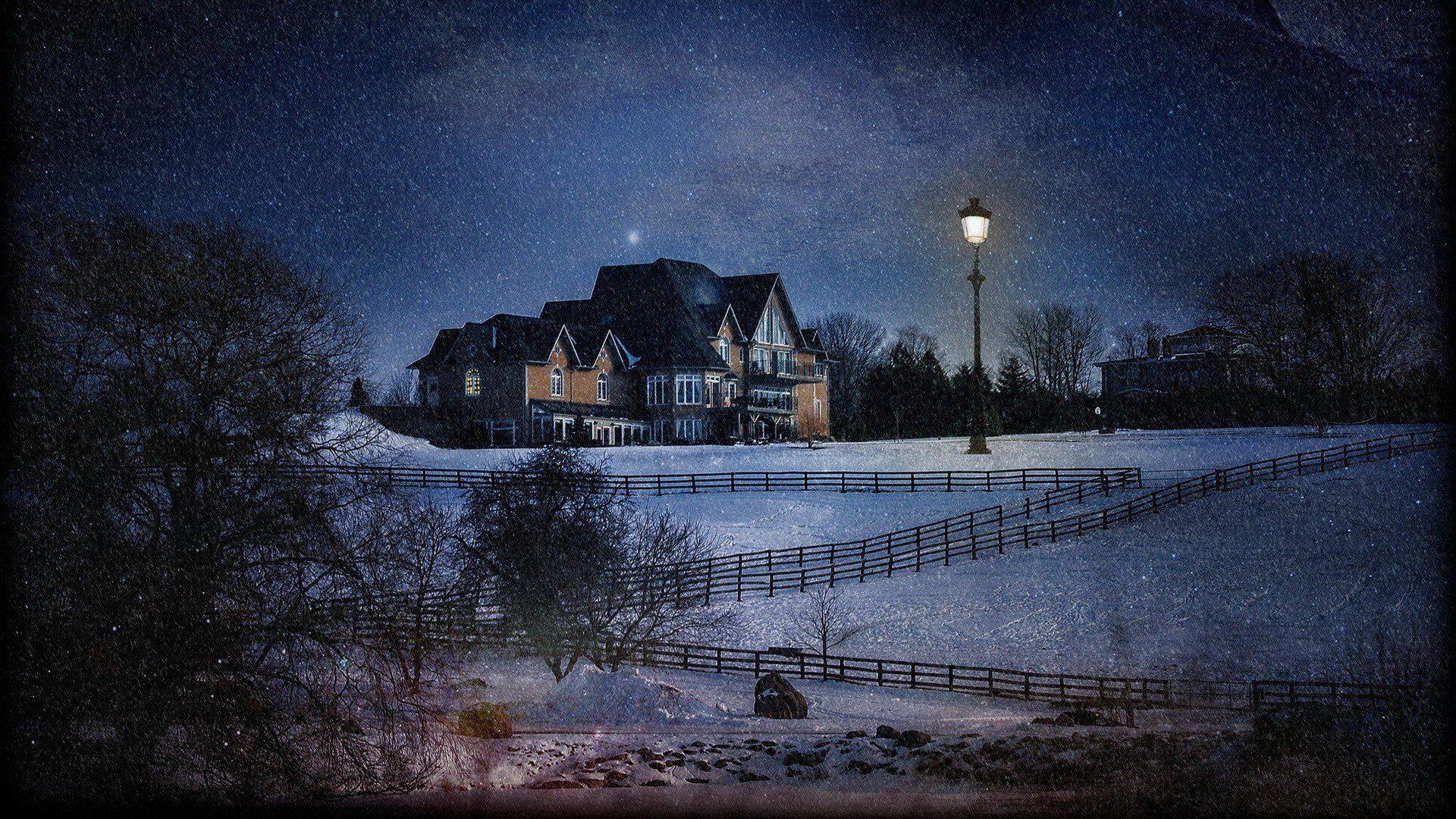 1920x1080 house, Lights, Nature, Trees, Forest, Night, Winter, Snow