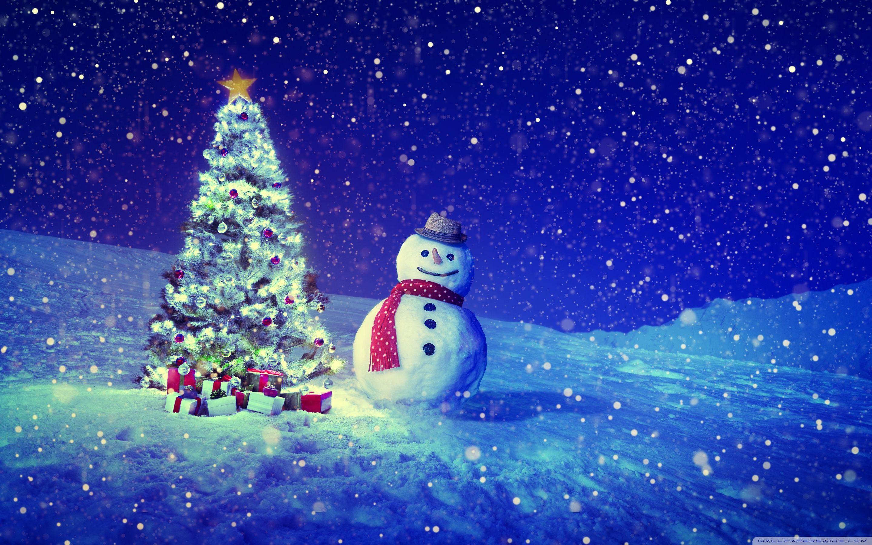 2880x1800 Snow Christmas Tree Wallpaper HD Night