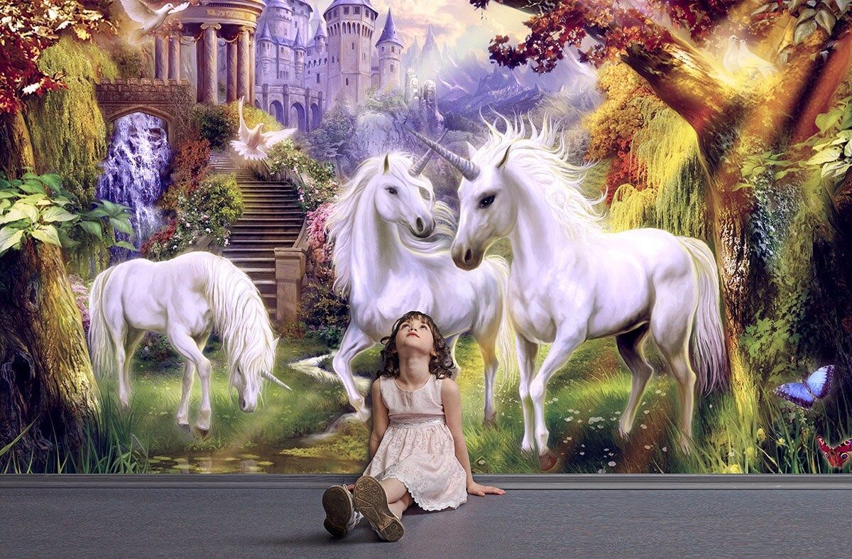 1200x787 Fantasy Unicorns Near Castle Wall Mural