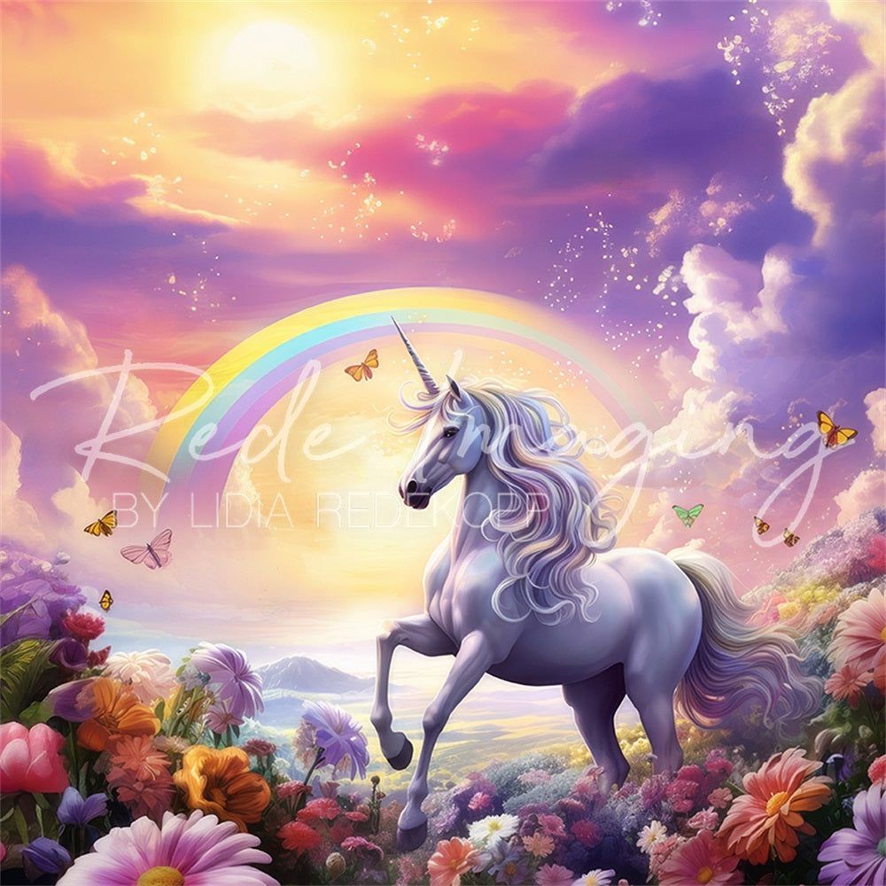 1000x1000 Kate Dreamy Cartoon Colorful Flower Rainbow White Unicorn Green Meadow Backdrop Designed by Lidia Redekopp, 6.5x6.5ft(2x2m)