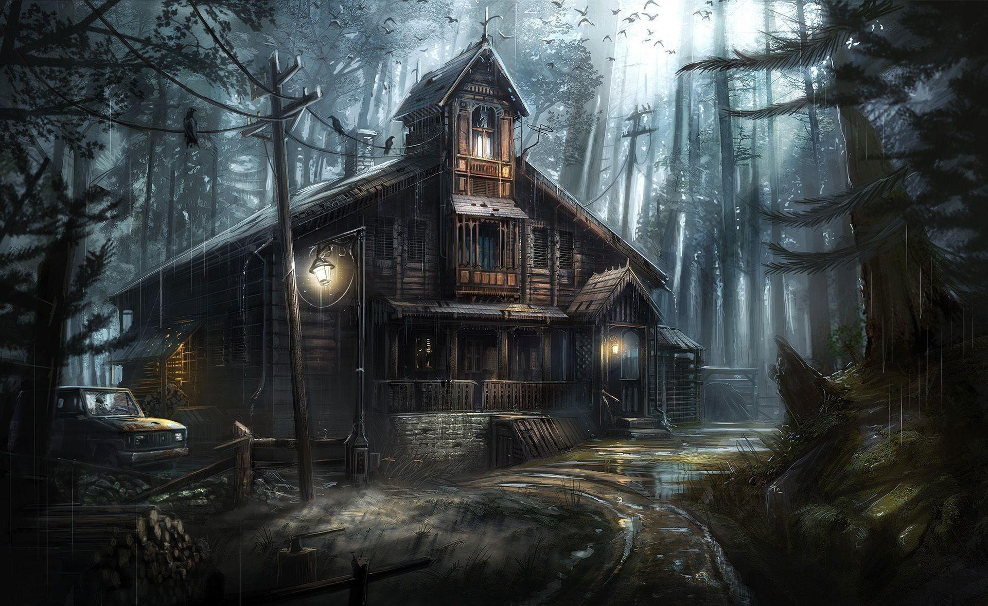 1920x1178 artwork house forest spooky wallpaper and background