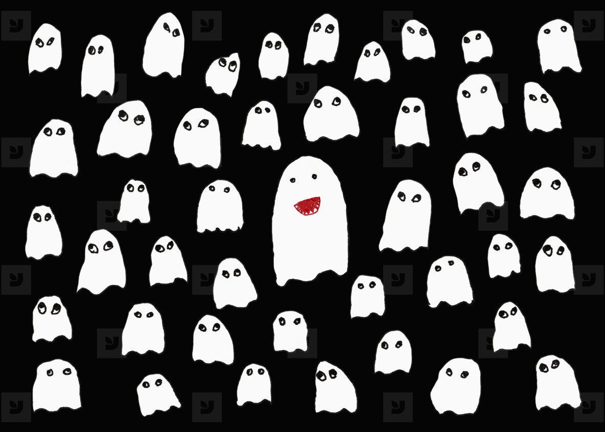 1184x846 Drawing of cute white ghosts on black