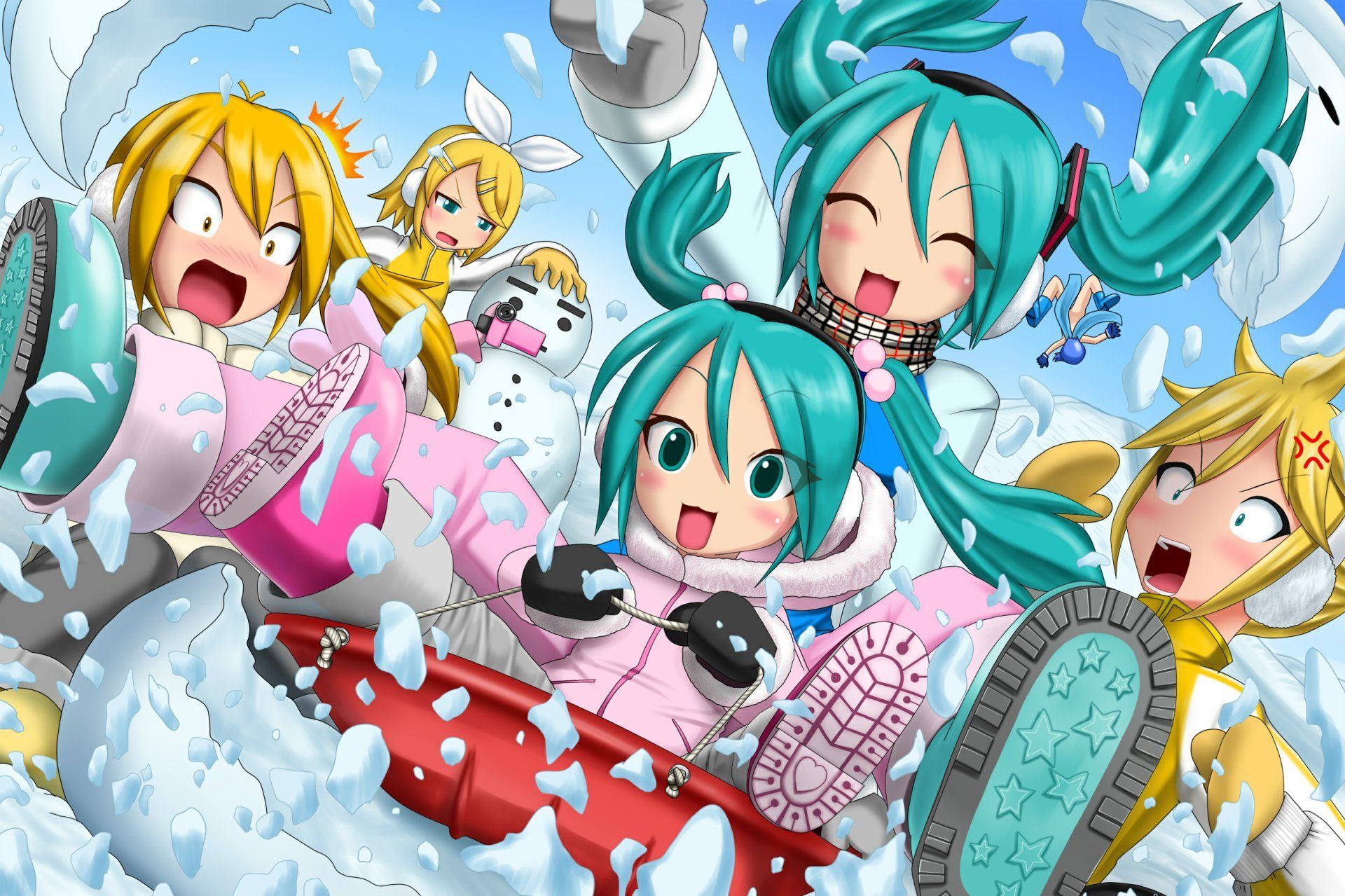 1920x1279 Vocaloid Snow Party: Hatsune Miku, Rin, Len & Akita Neru