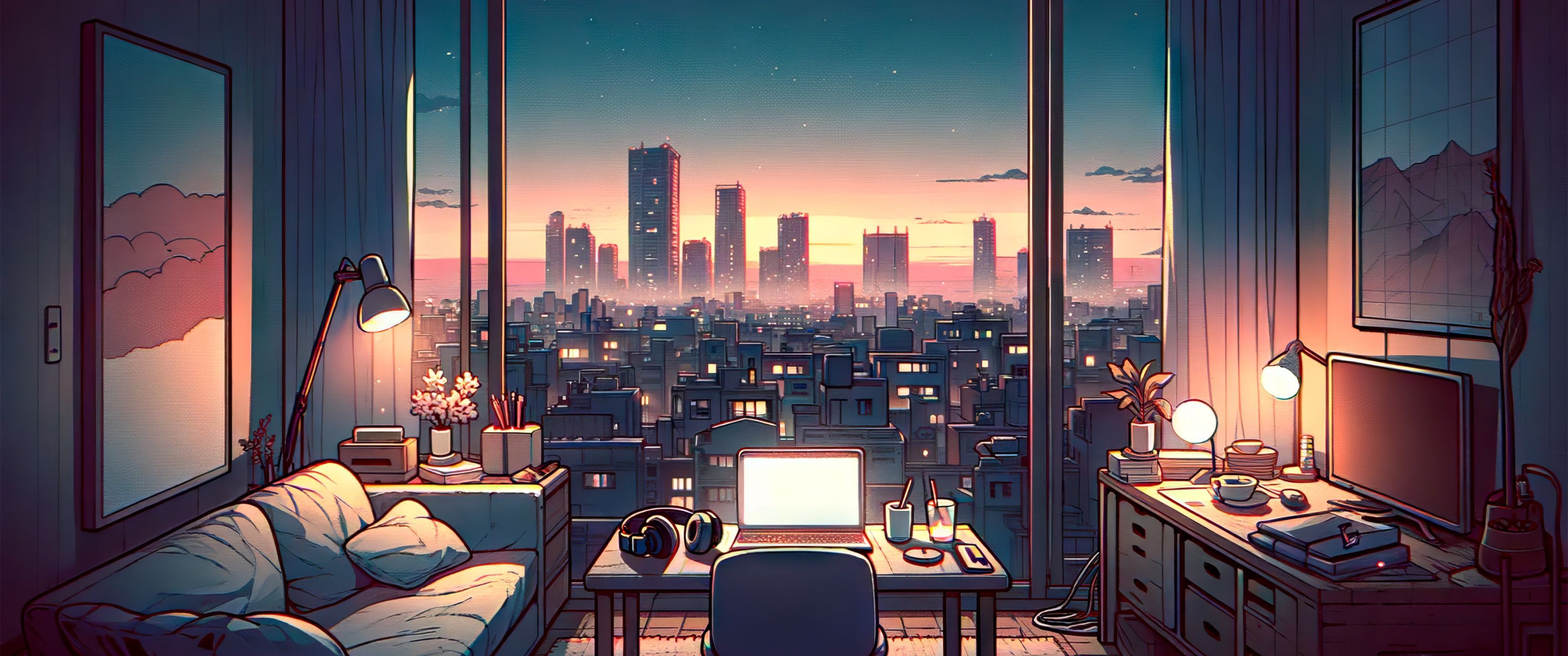 3440x1440 Lofi Wallpaper 4K, Room, Cityscape, Urban