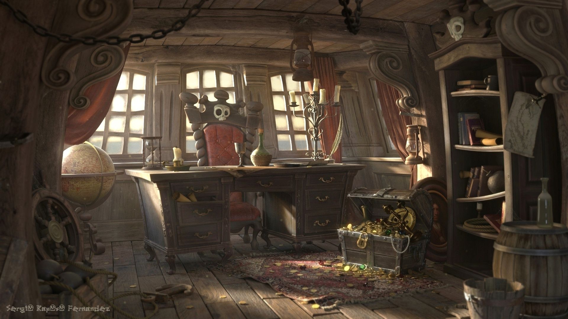 1920x1080 Wallpaper ship, art, chest, mining