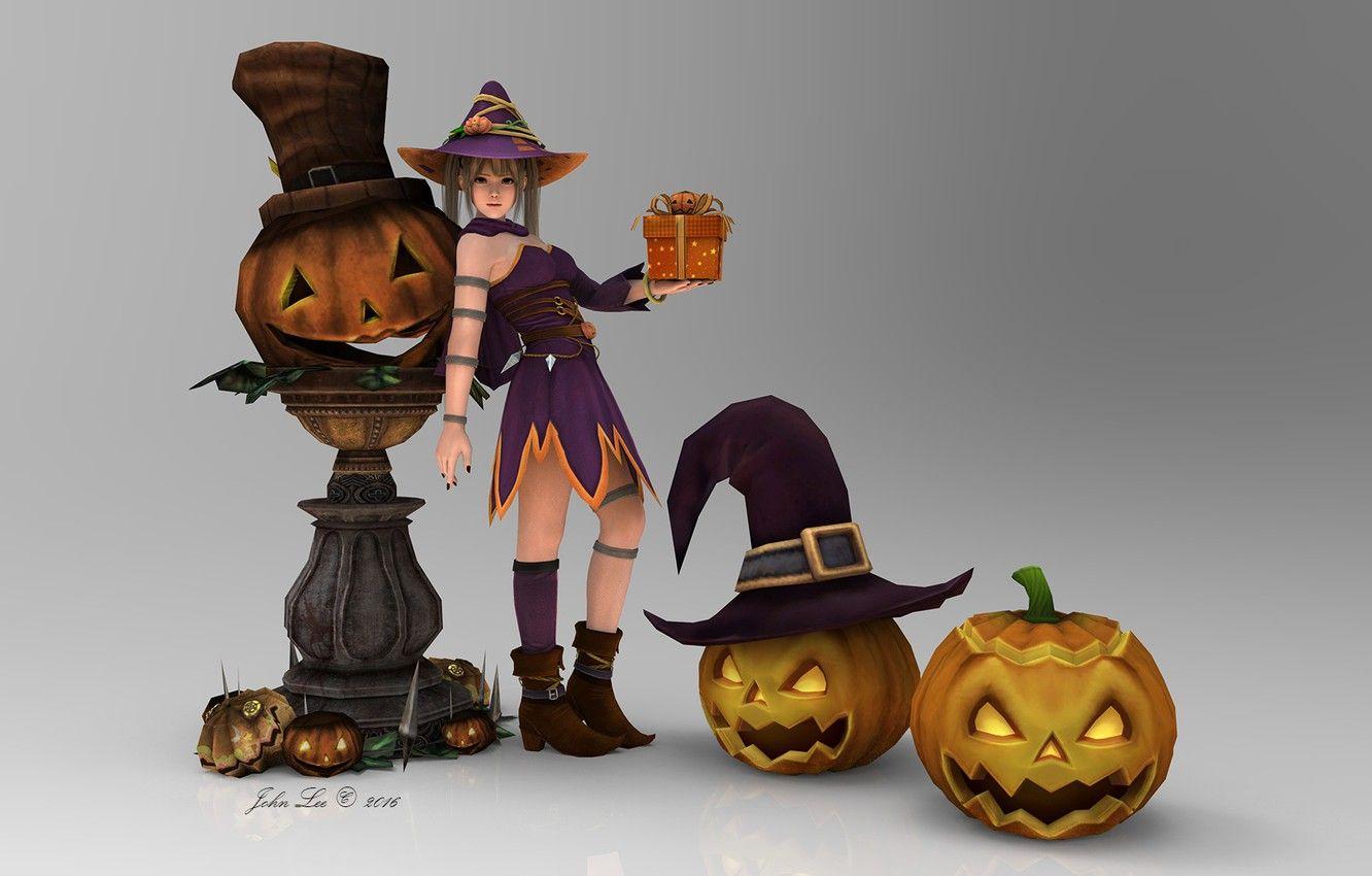 1332x850 Wallpaper girl, anime, pumpkin, Halloween, 3D graphics