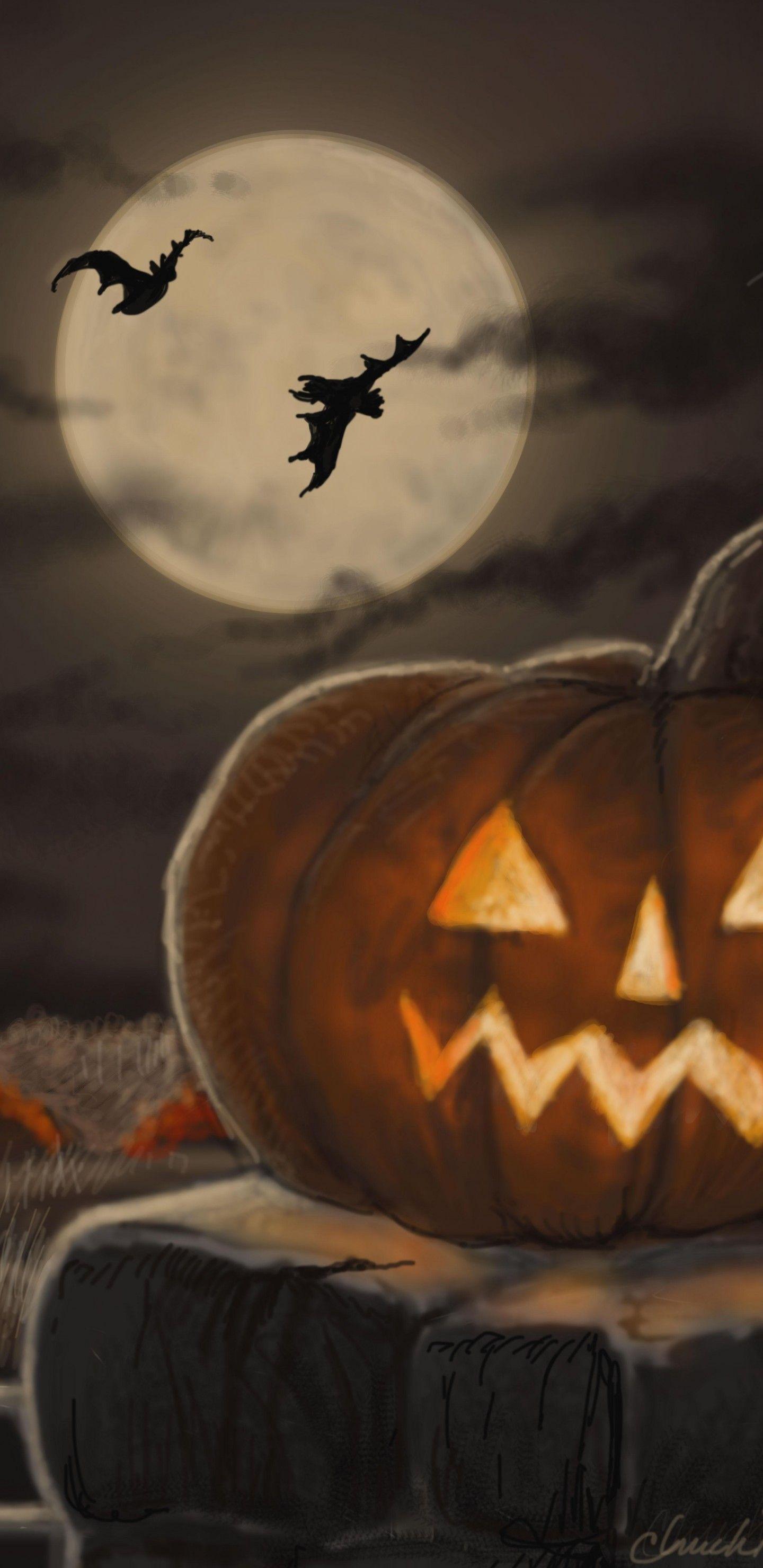1440x2960 Download Wallpaper 1440x2960 Happy halloween, Pumpkin, Bat