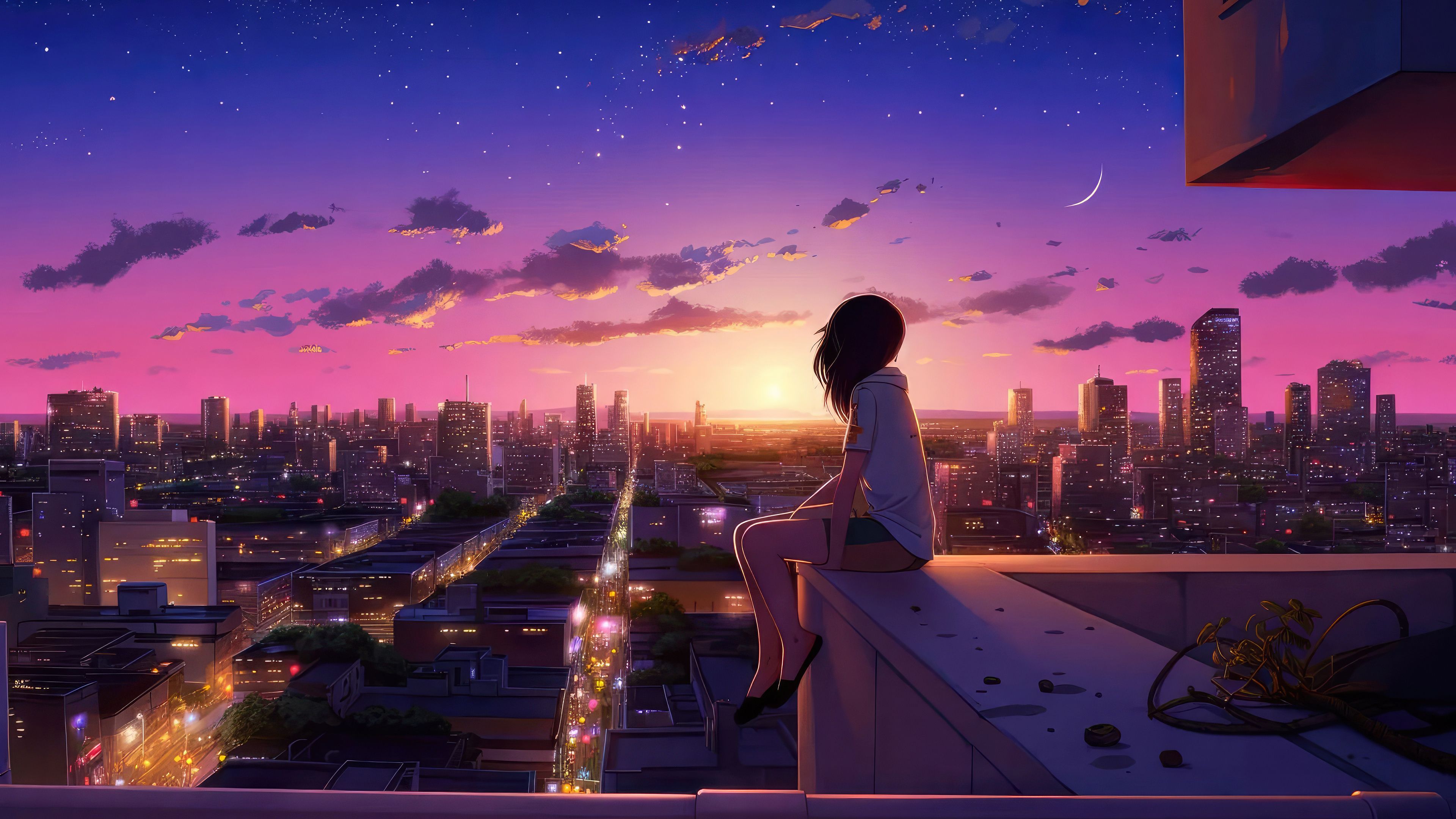 3840x2160 Lofi Anime Girl Skyline Ultra HD Wallpaper