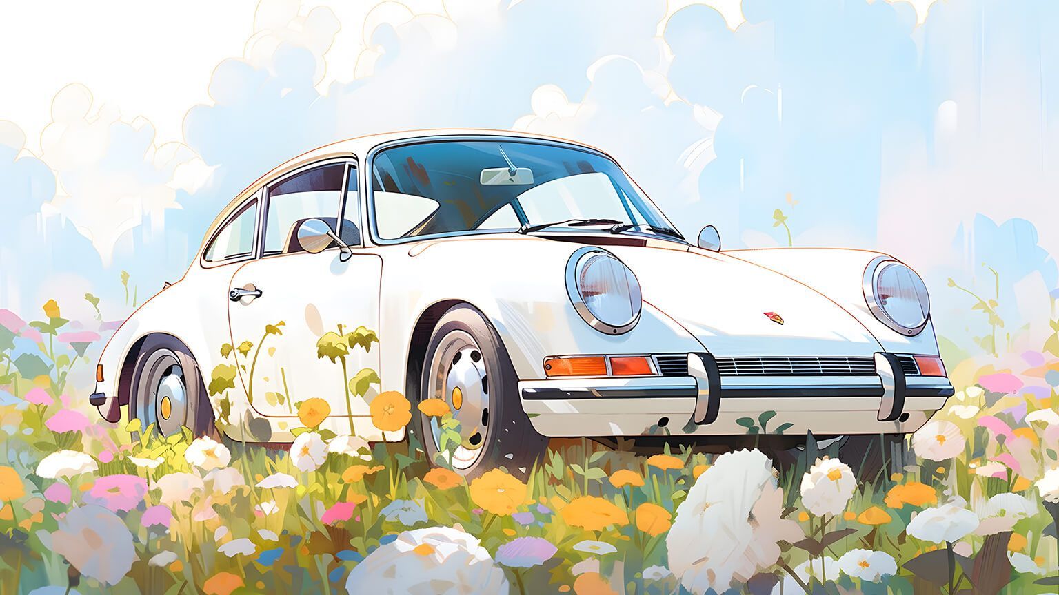 1536x864 White Retro Porsche on Flower Field