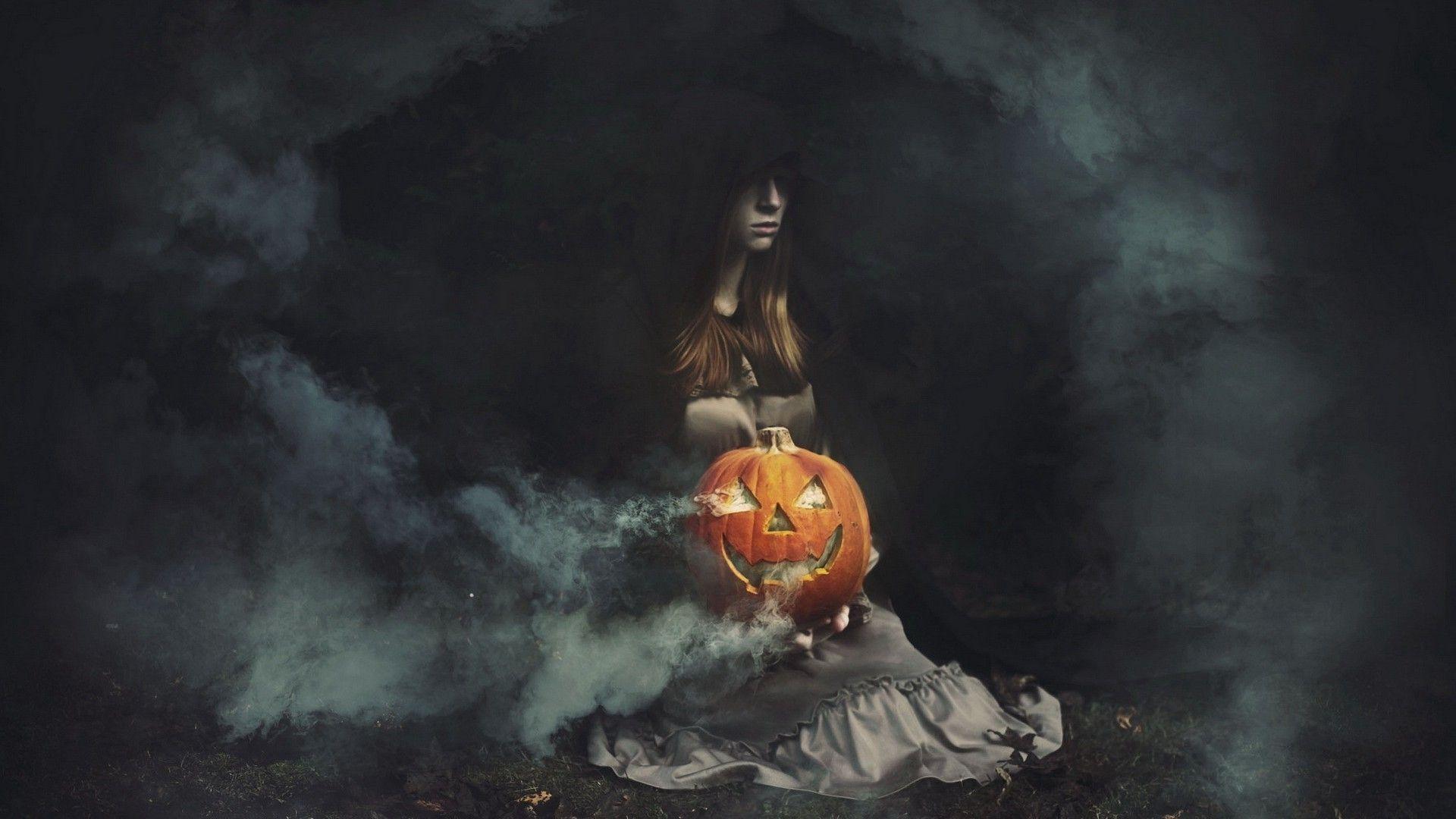 1920x1080 Girl Pumpkin Halloween Dark Wallpaper HD. Wallpaper