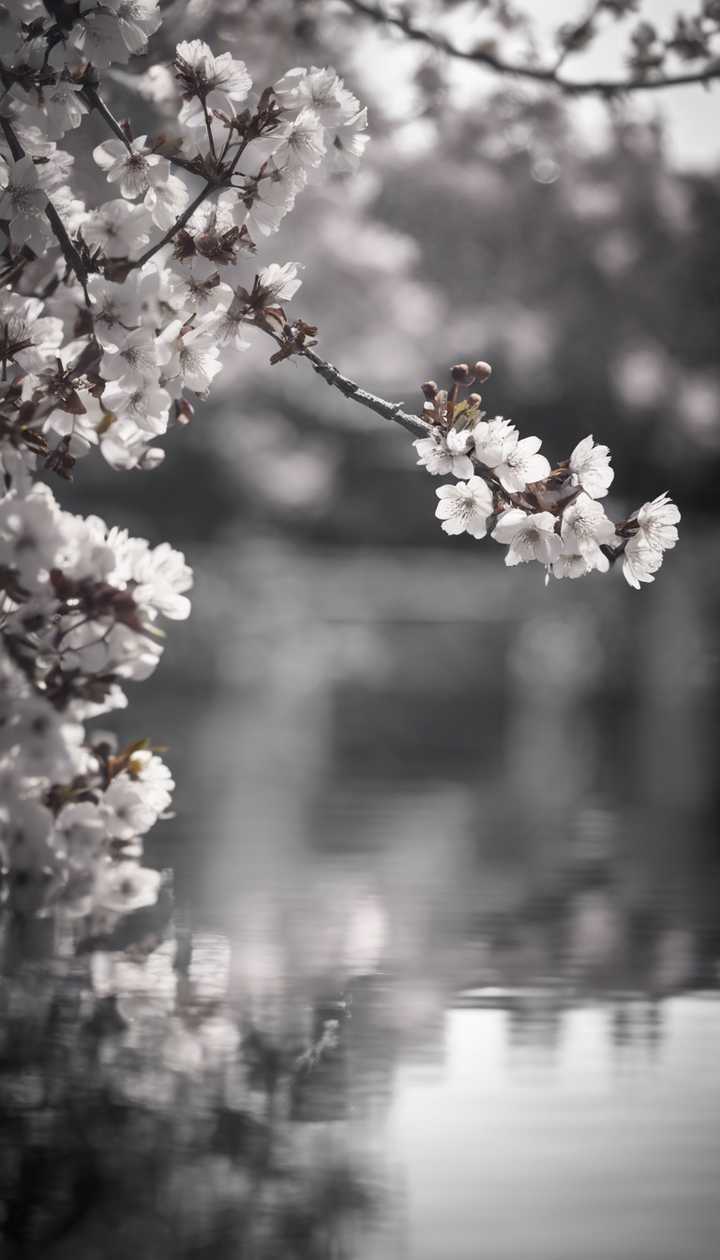 720x1260 Monochrome image of cherry blossoms reflecting on a calm pond surface Wallpaper [f201dd6c72394a53b736]