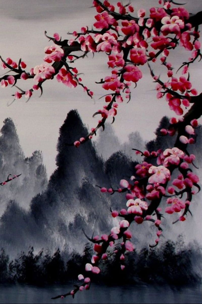 800x1205 Blossoms, black, black and red, cherry blossoms, flowers, painting, red, red and black, HD phone wallpaper