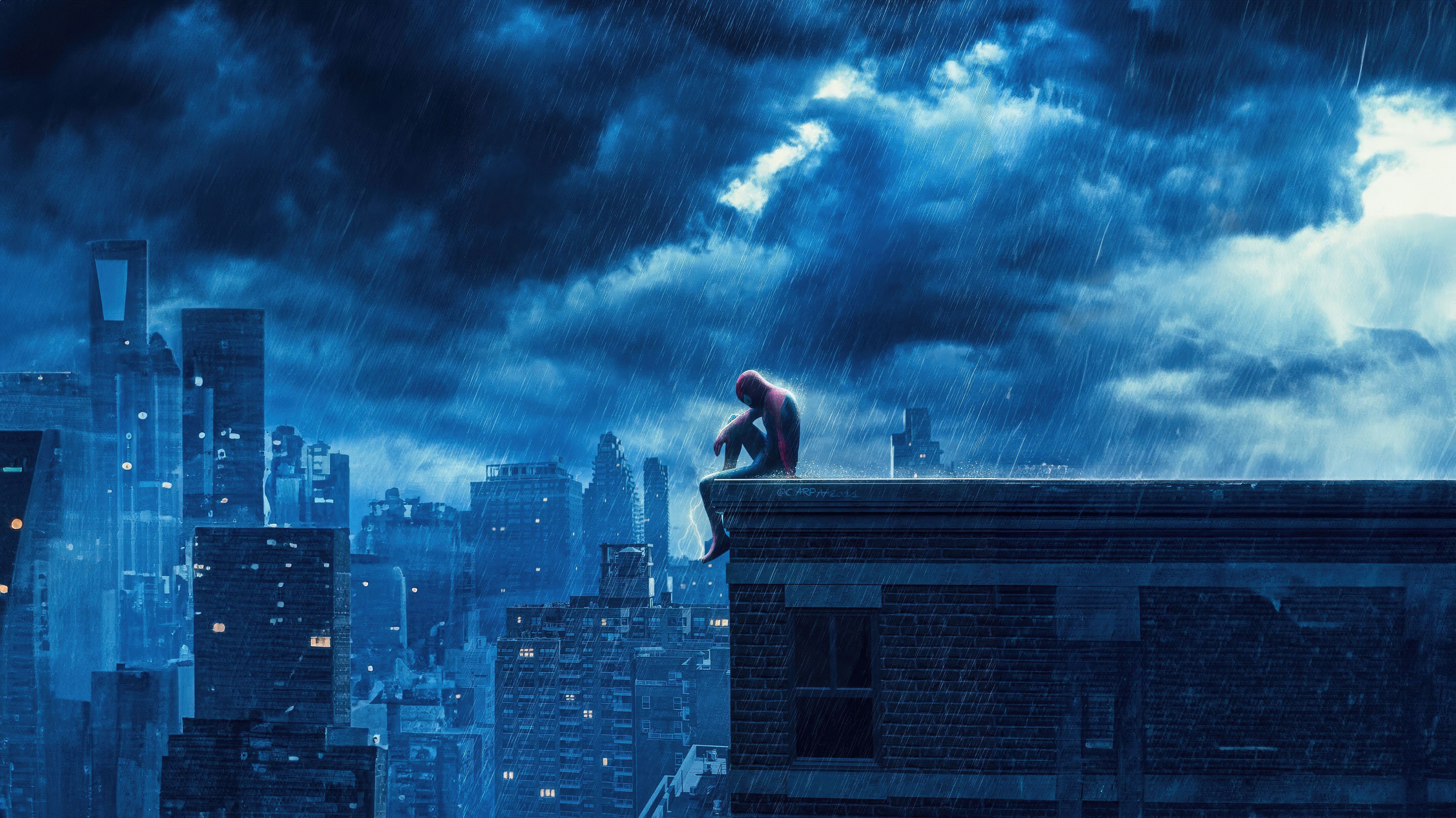 5120x2879 Spiderman Sitting On City Rooftop In Rain Wallpaper, HD Superheroes Wallpaper, 4k Wallpaper, Image, Background, Photos and Picture