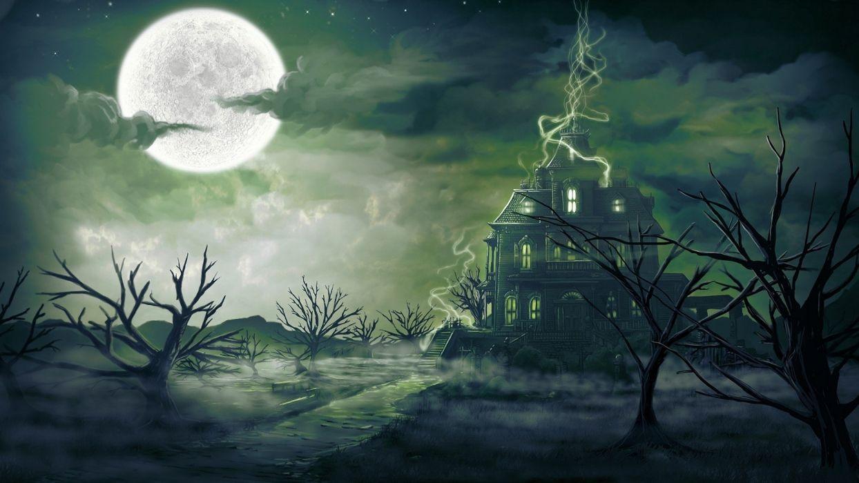 1244x700 Clouds trees stars Moon haunted house wallpaperx1080