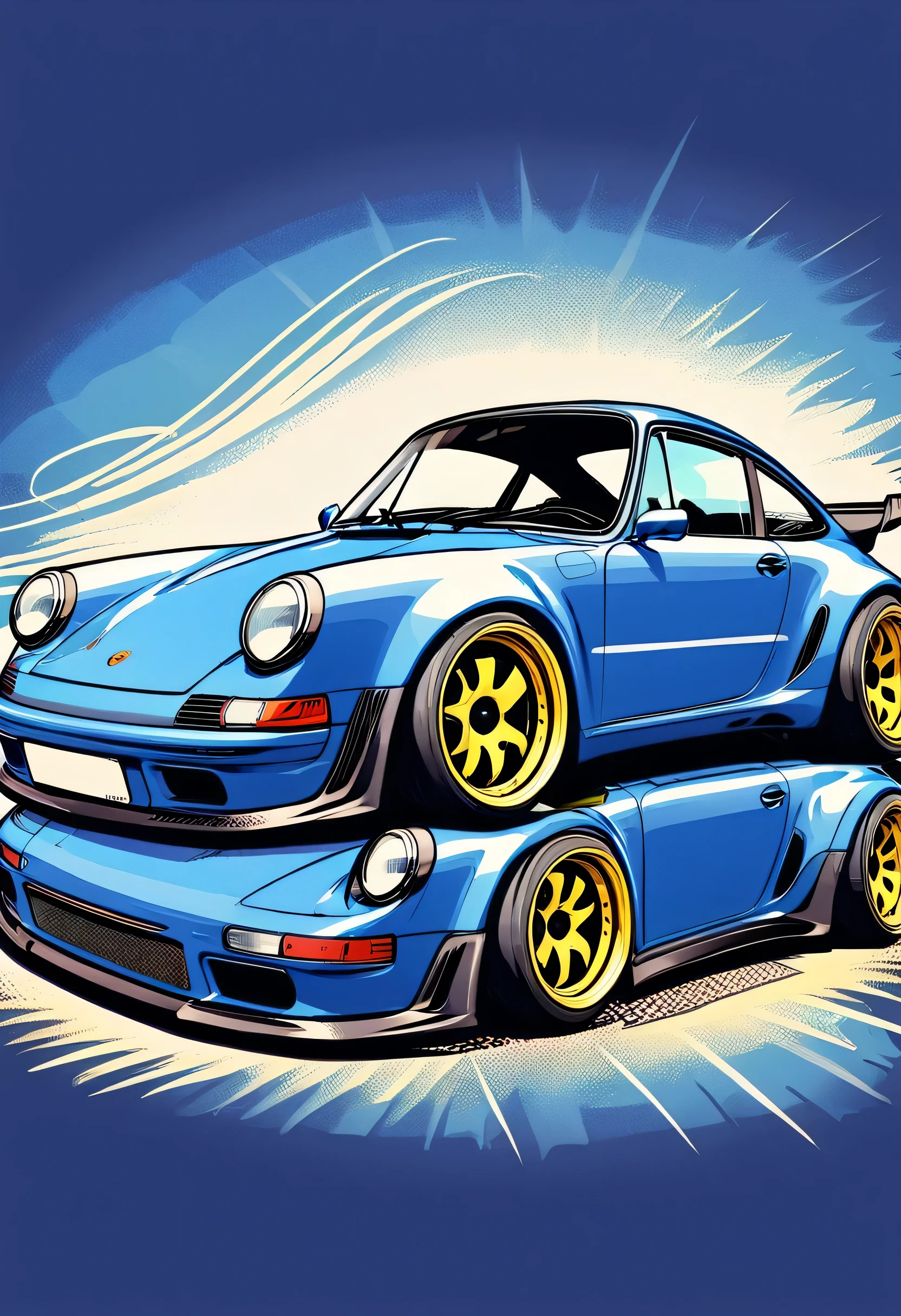1664x2432 A blue car with yellow wheels on a blue