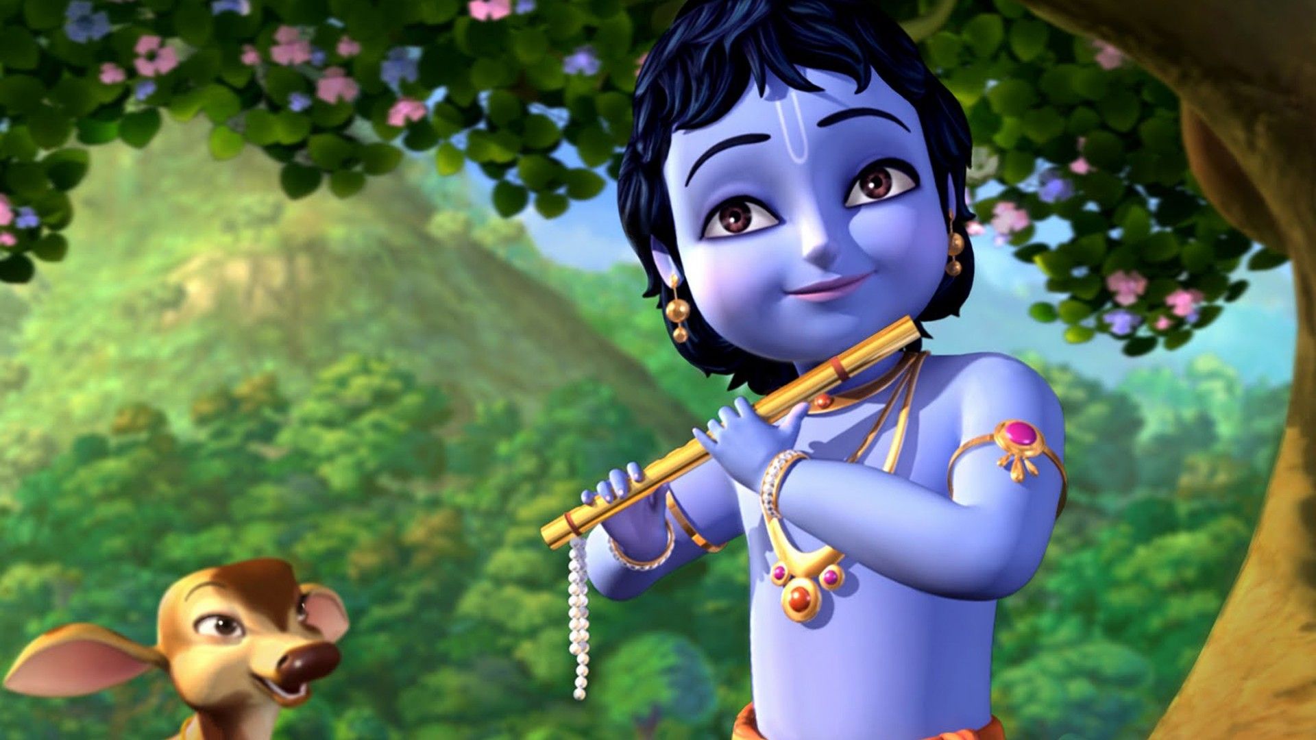 1920x1080 Cartoon Image Of Lord Krishna With