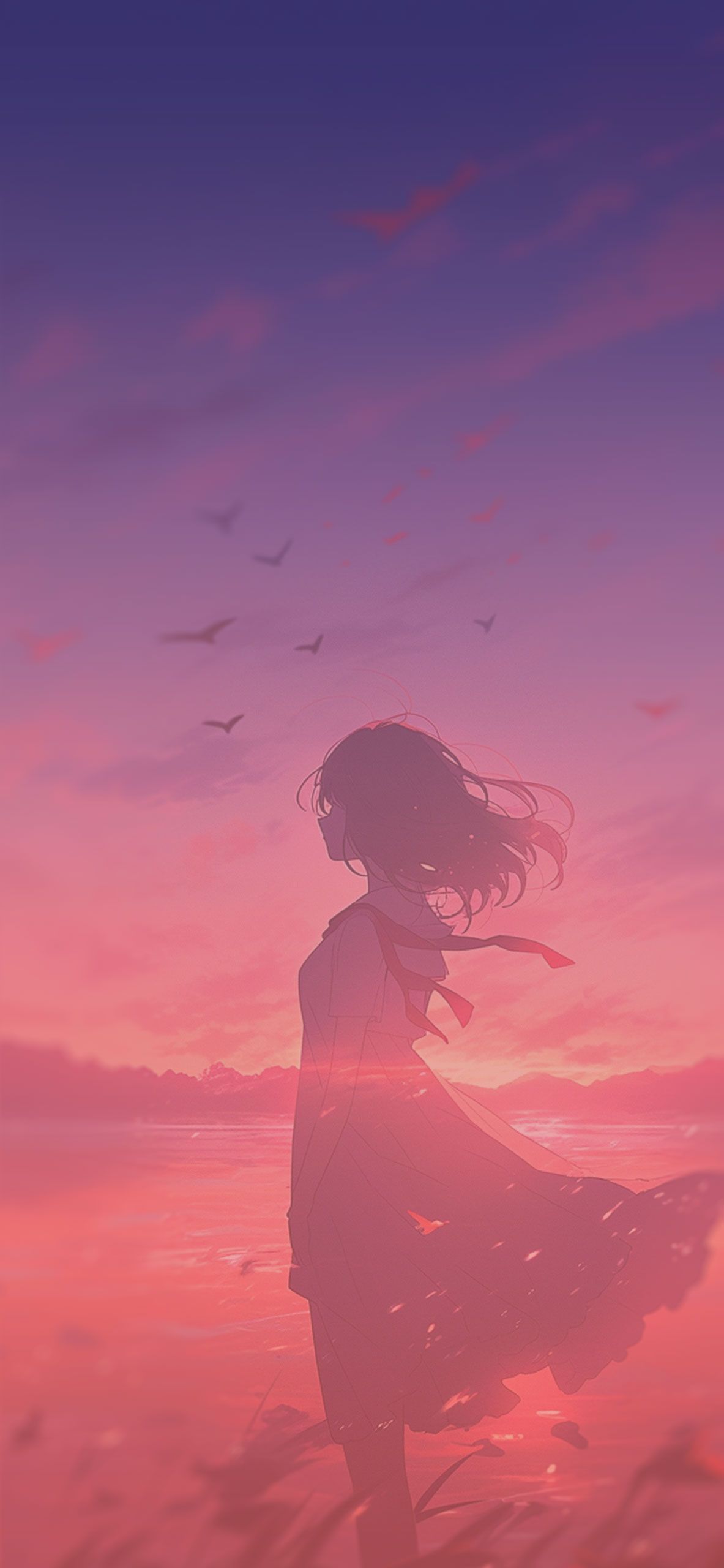 1183x2560 Anime Girl & Sunset Wallpaper