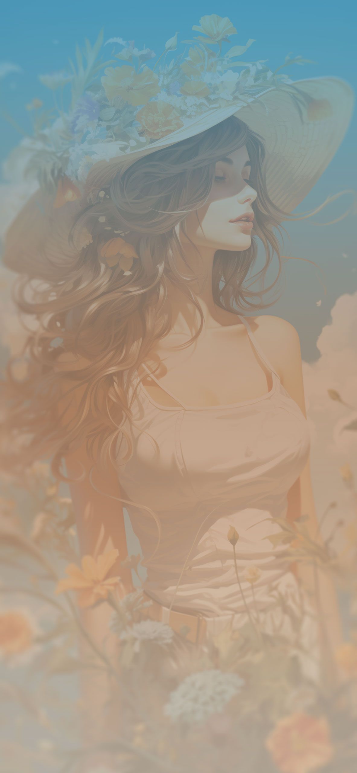 1183x2560 Girl in Panama Hat & Flowers Wallpaper