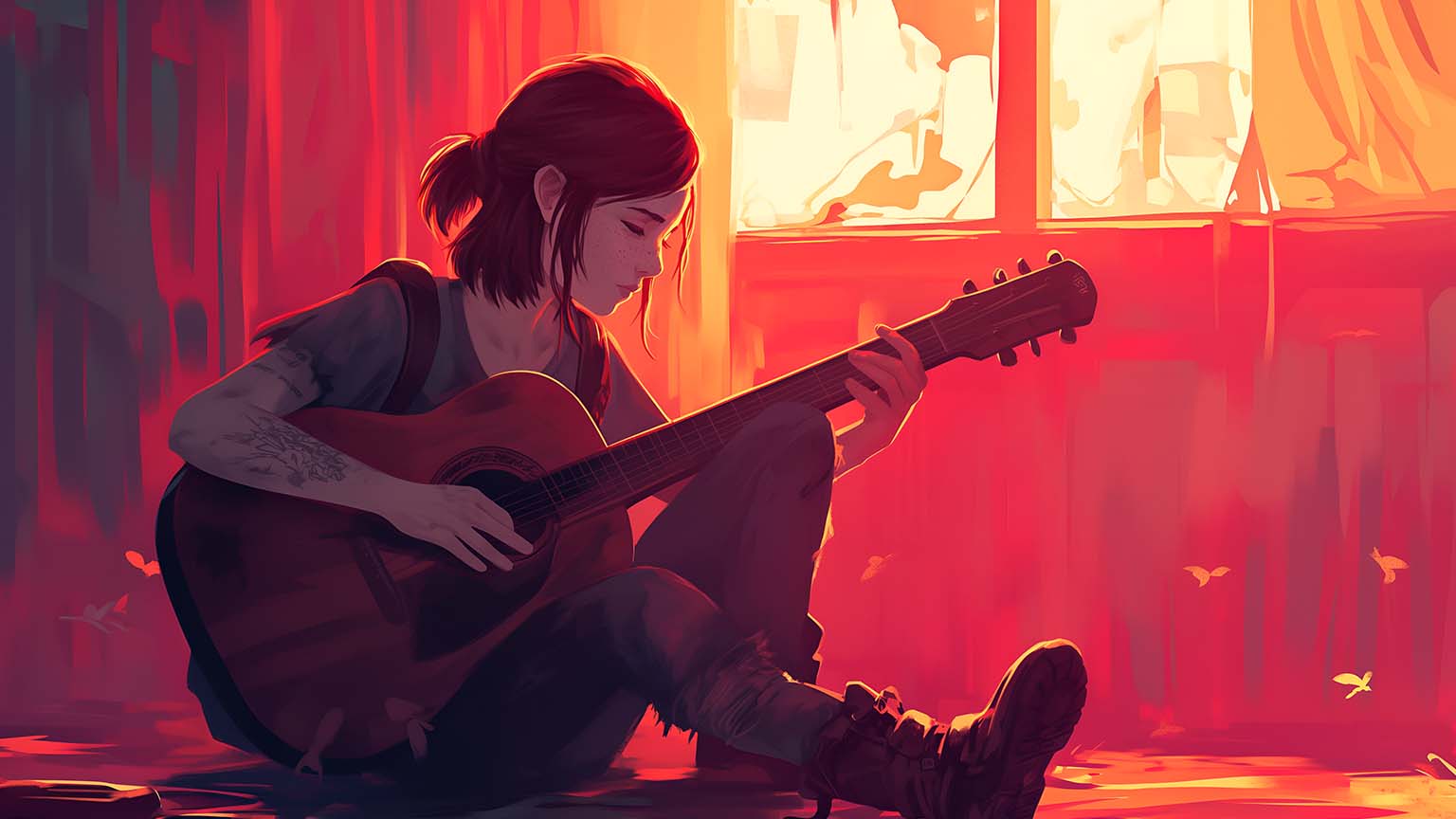 1536x864 Last of Us Ellie Red Guitar Desktop Wallpaper in 4K