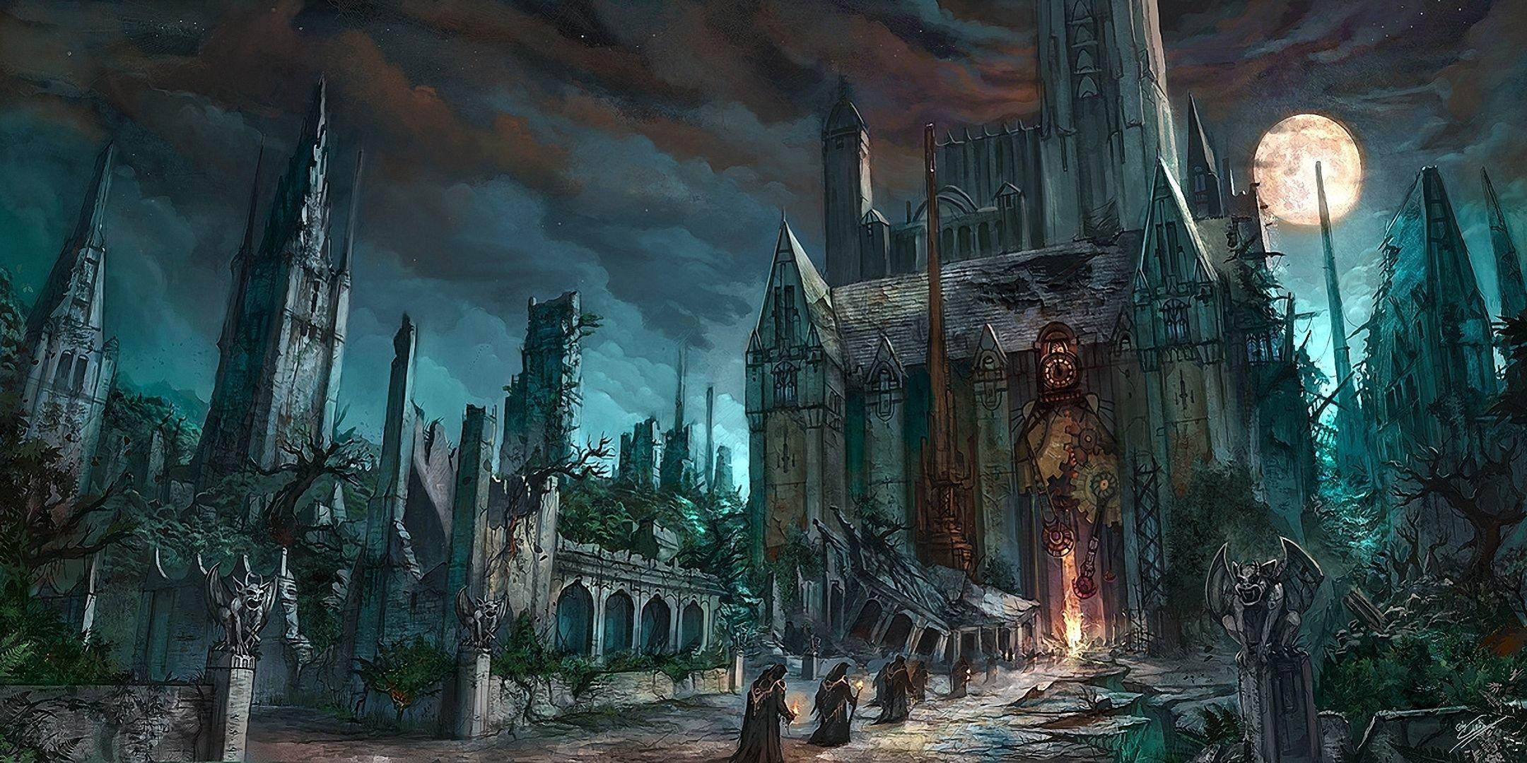 2160x1080 Download wallpaper 2160x1080 castke, ruins, hours, drawing