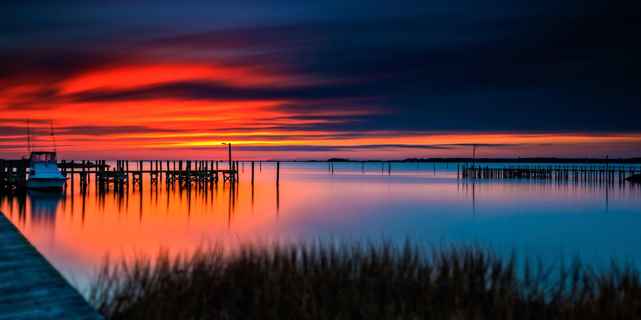 2160x1080 water, lake, boat, nature, sky, pier, sunset, clouds
