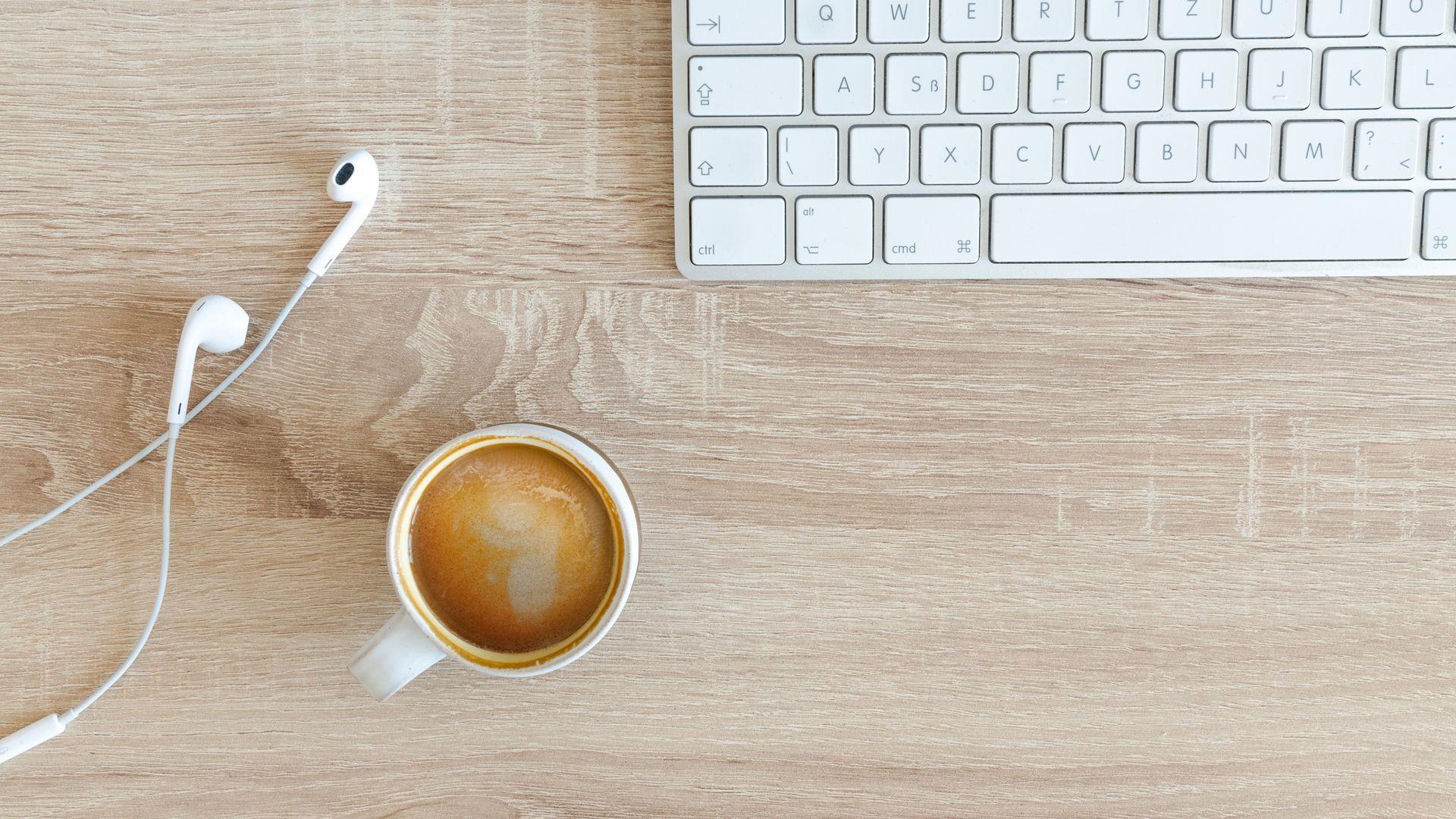 1920x1080 Coffee near Apple Airpods and Apple Magic Keyboard Wallpaper