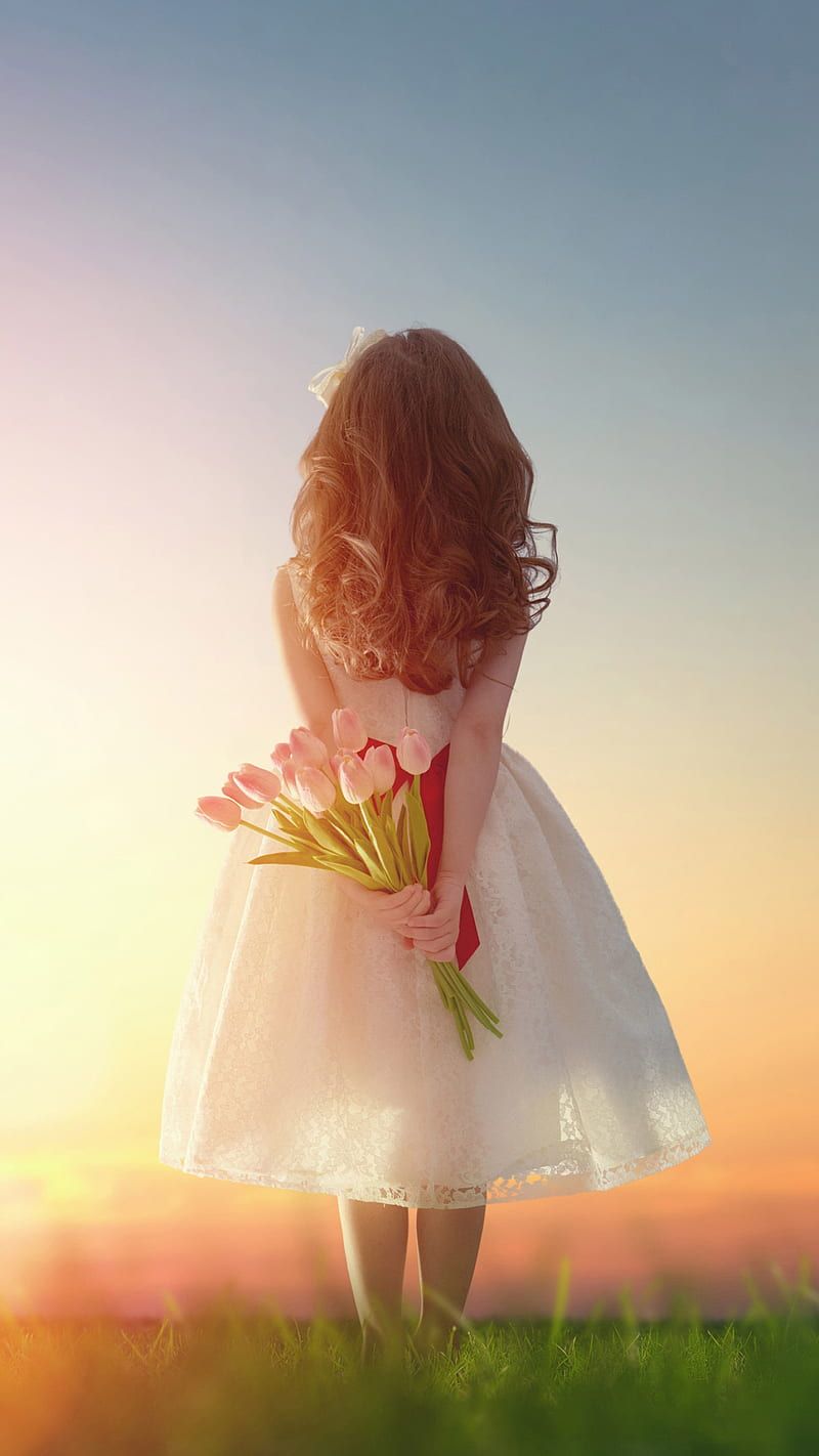 800x1422 Little Girl with Tulips, flowers, cute, love, graphy, little girl, HD phone wallpaper