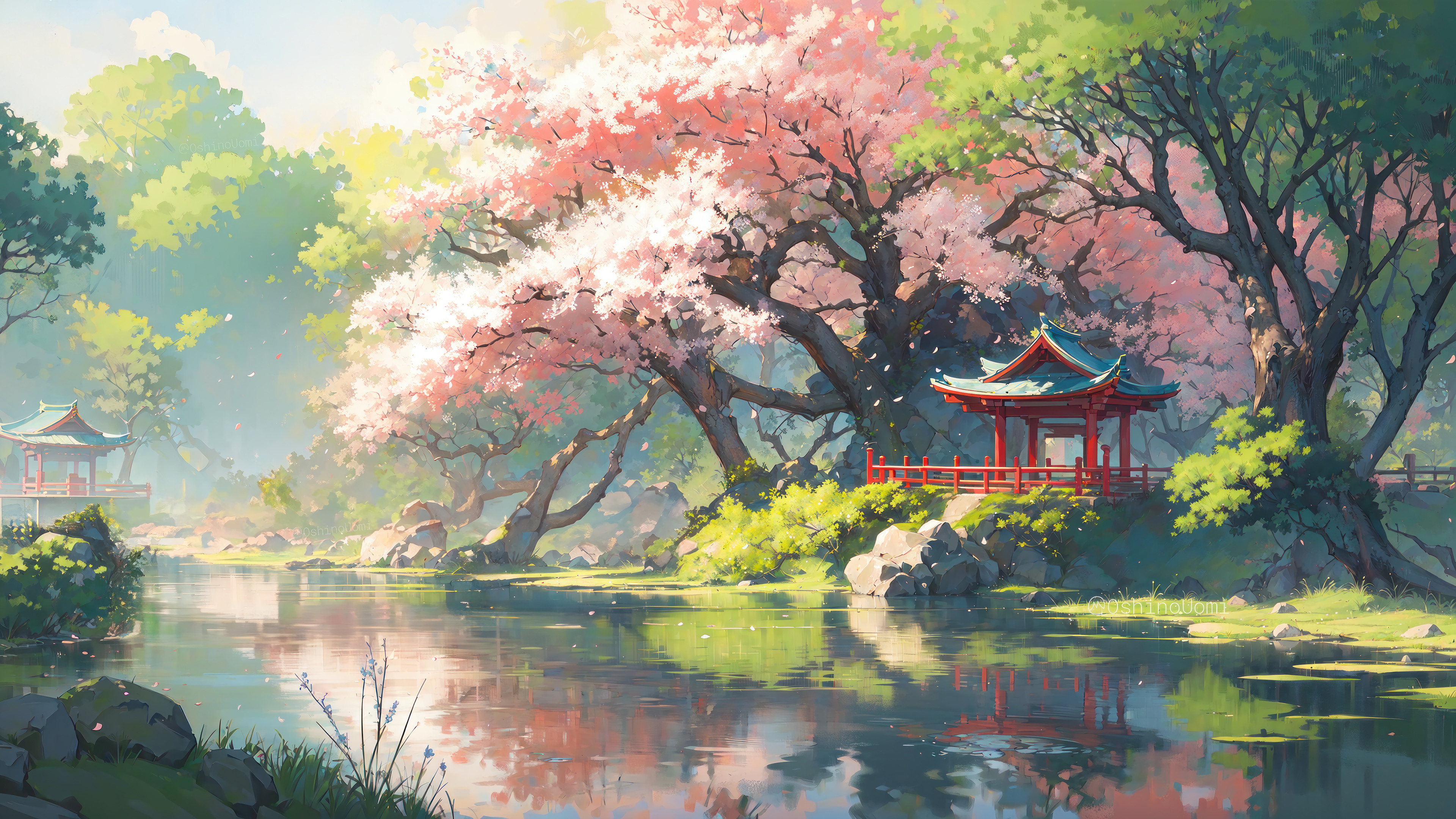 3840x2160 Cherry Blossom Japanese Garden Pavilion