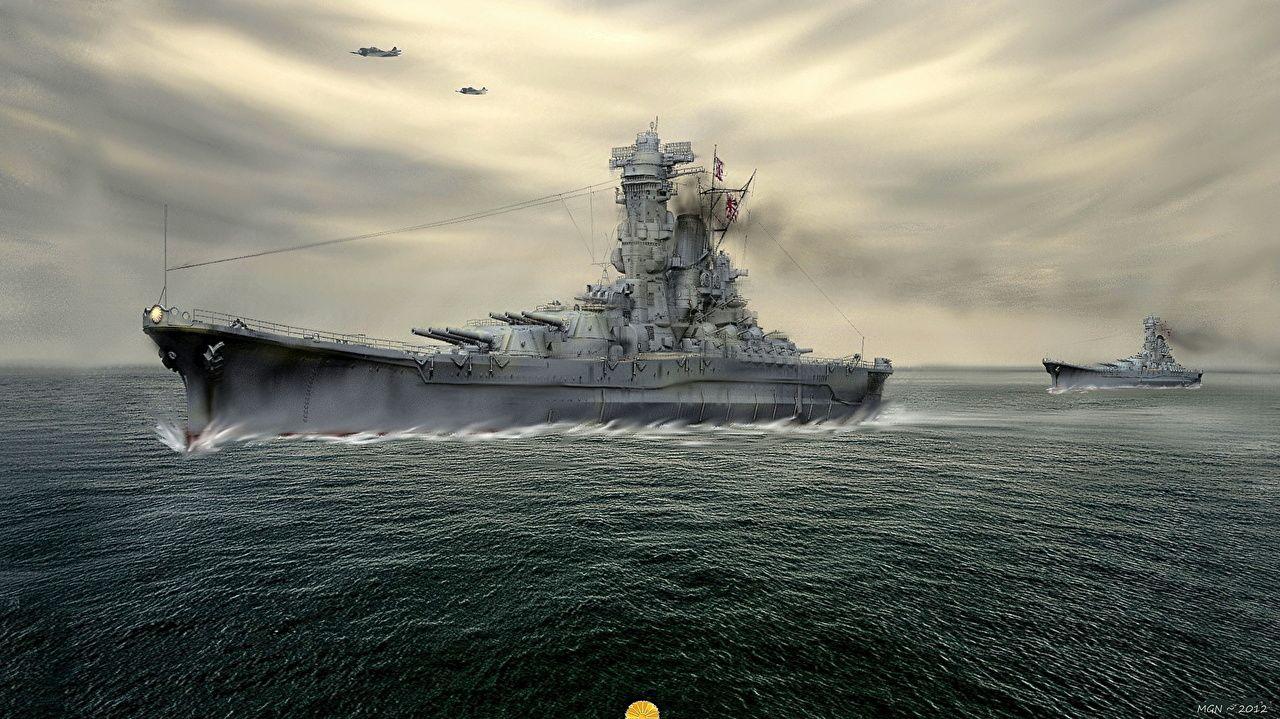 1280x719 Picture Japanese battleship Yamato ship Painting Art military
