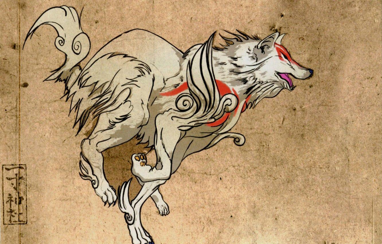 1332x850 Wallpaper jump, figure, wolf, grey background, deity, Okami