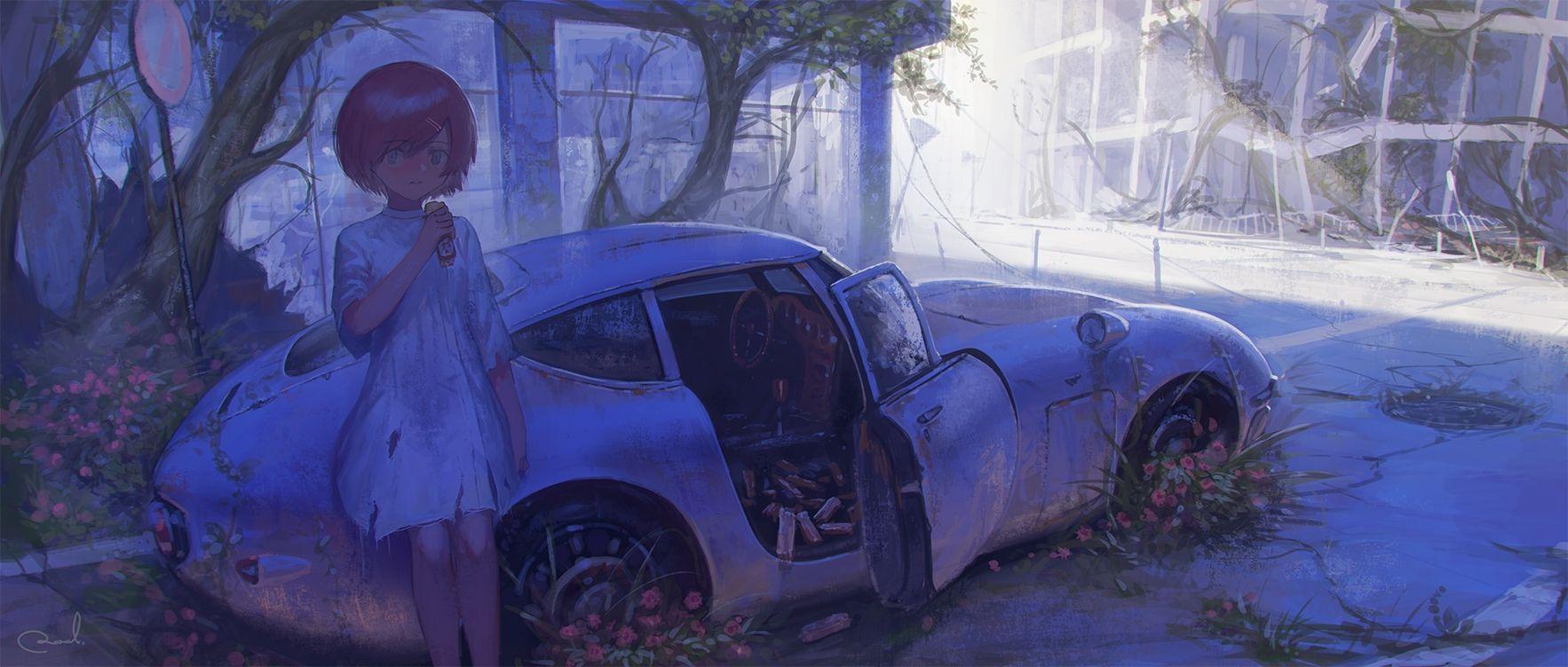 1766x752 Download 1766x752 Apocalypse, Anime Girl, Car, Pink Hair