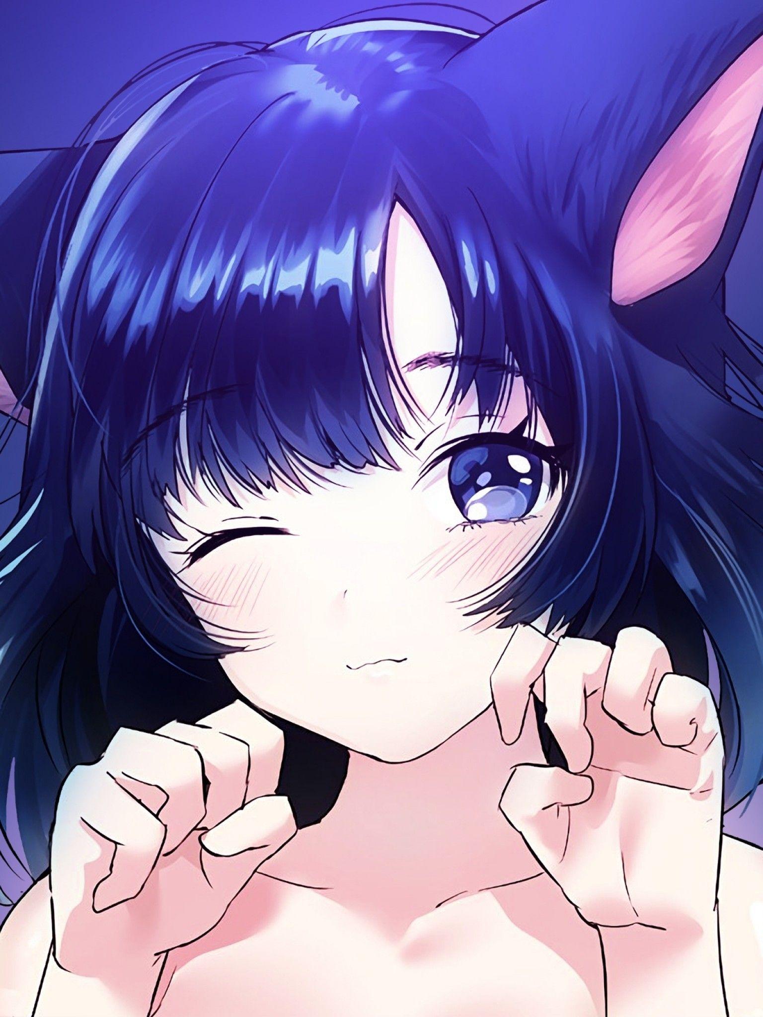 1536x2048 Download 1536x2048 <b>Anime</b> Girl, Cat Ears, <b>Neko</b>, Wink, Blue.