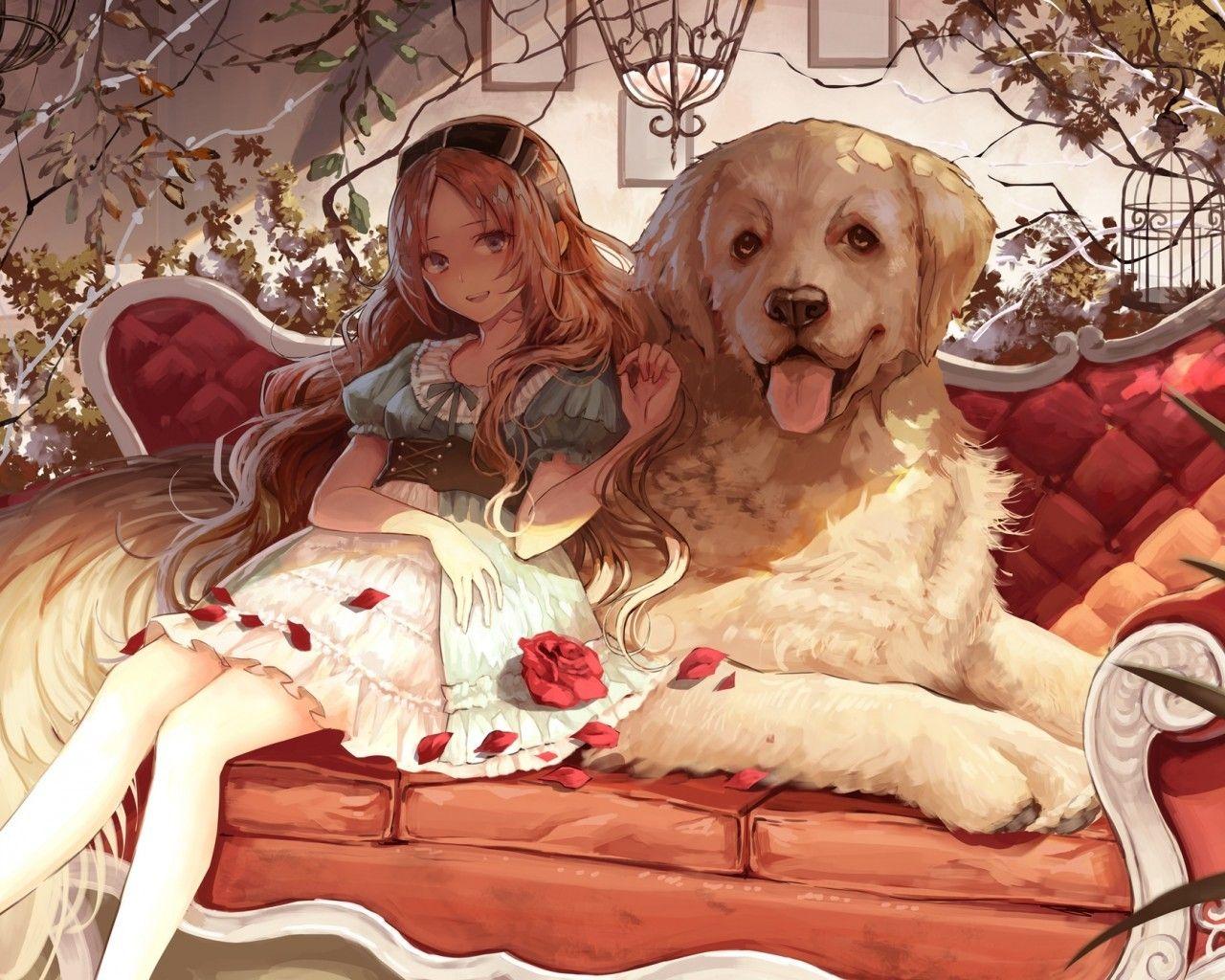 1280x1024 Download 1280x1024 Anime Girl, Blonde, Dog, Smiling, Cute
