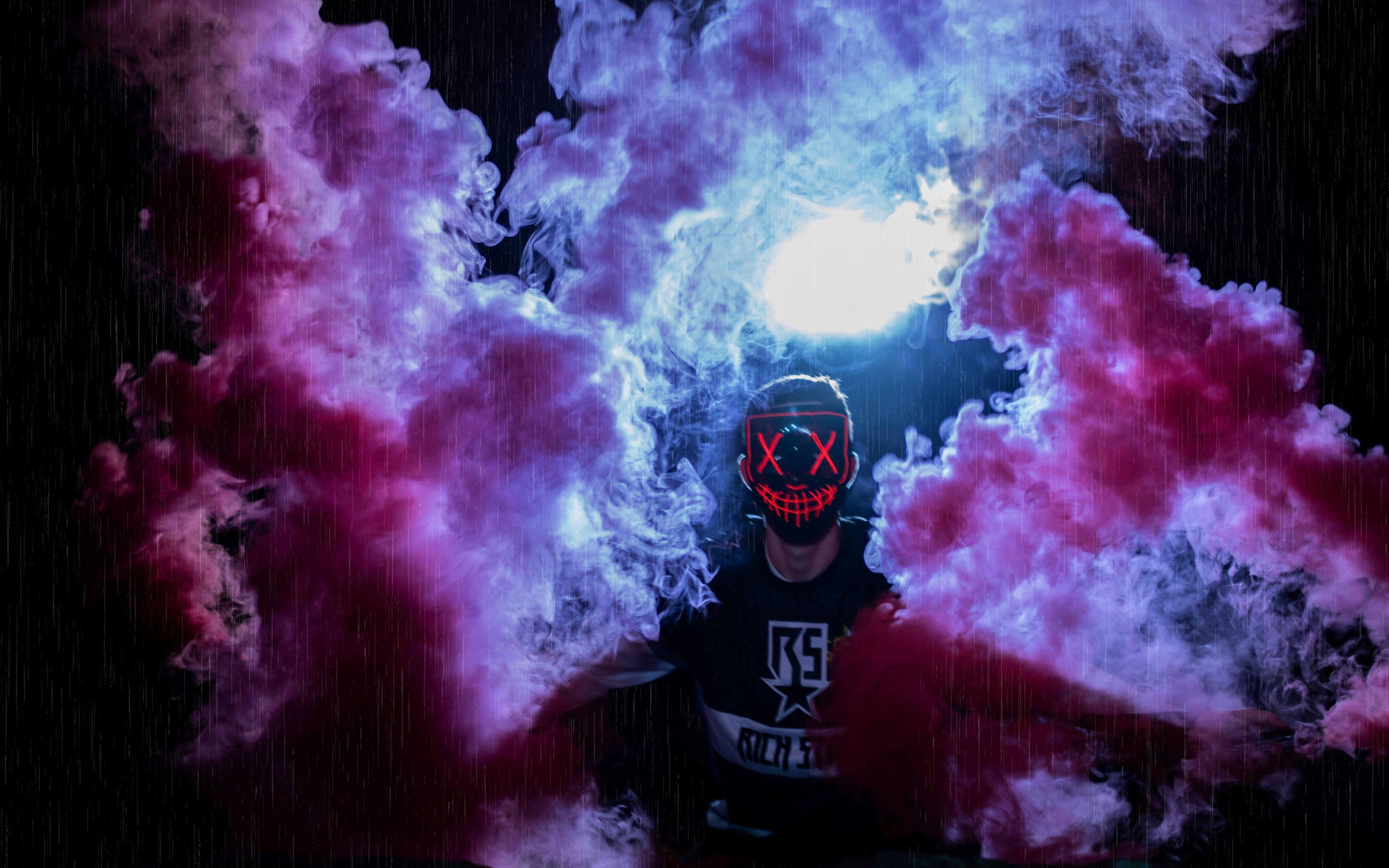 3840x2400 Wallpaper Man, Mask, Colored Smoke, Anonymous Keren
