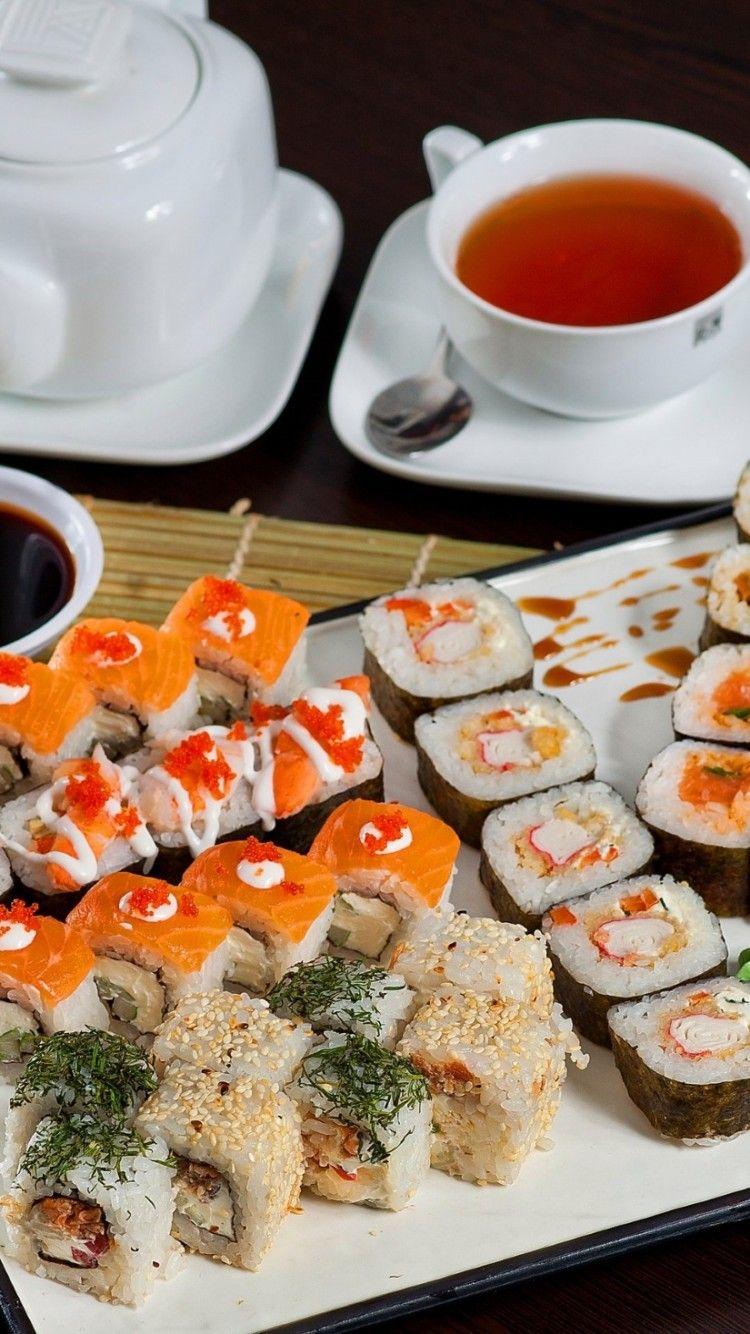750x1334 Download 750x1334 Sushi, Soy Sauce, Tea, Chopsticks, Japanese Food