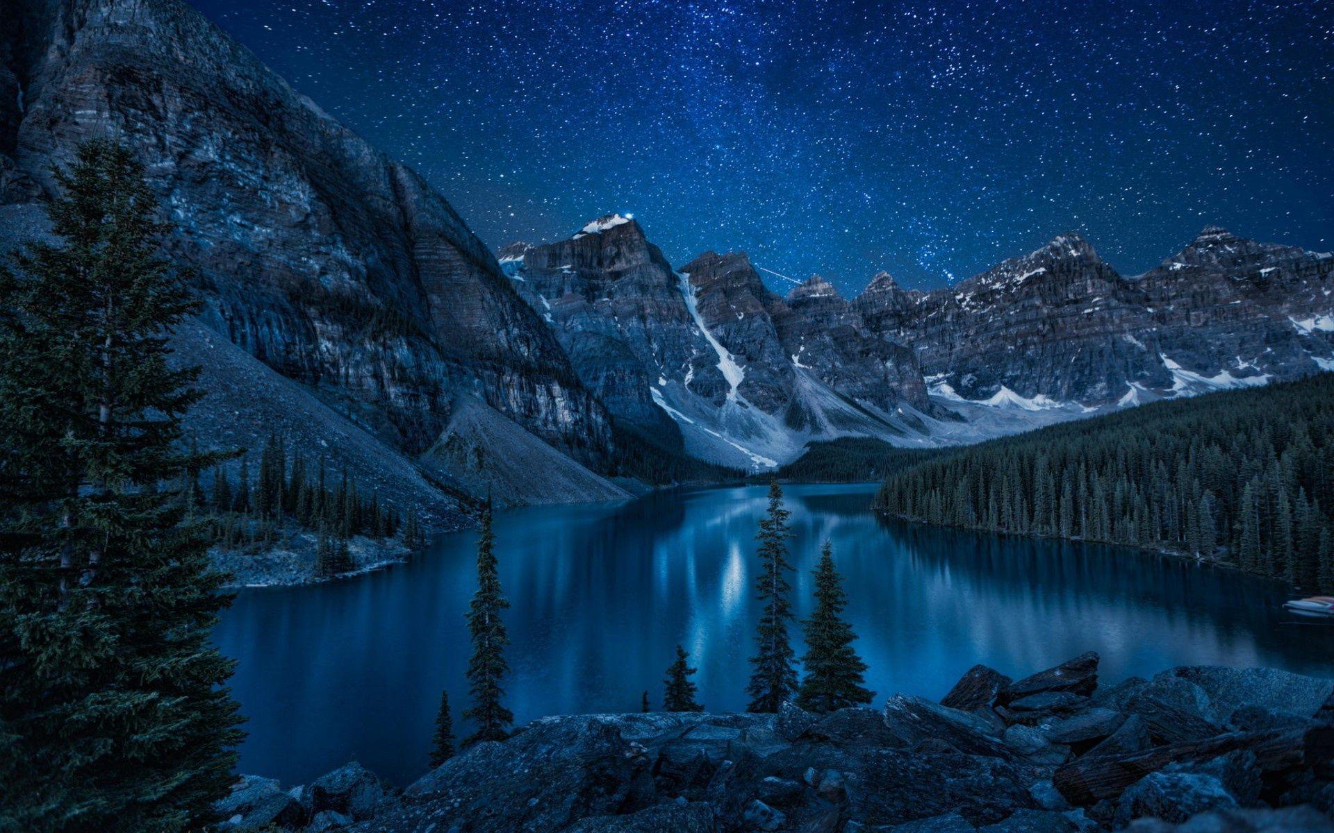 1920x1200 Wallpaper mountains, forest, lake, night, Banff National