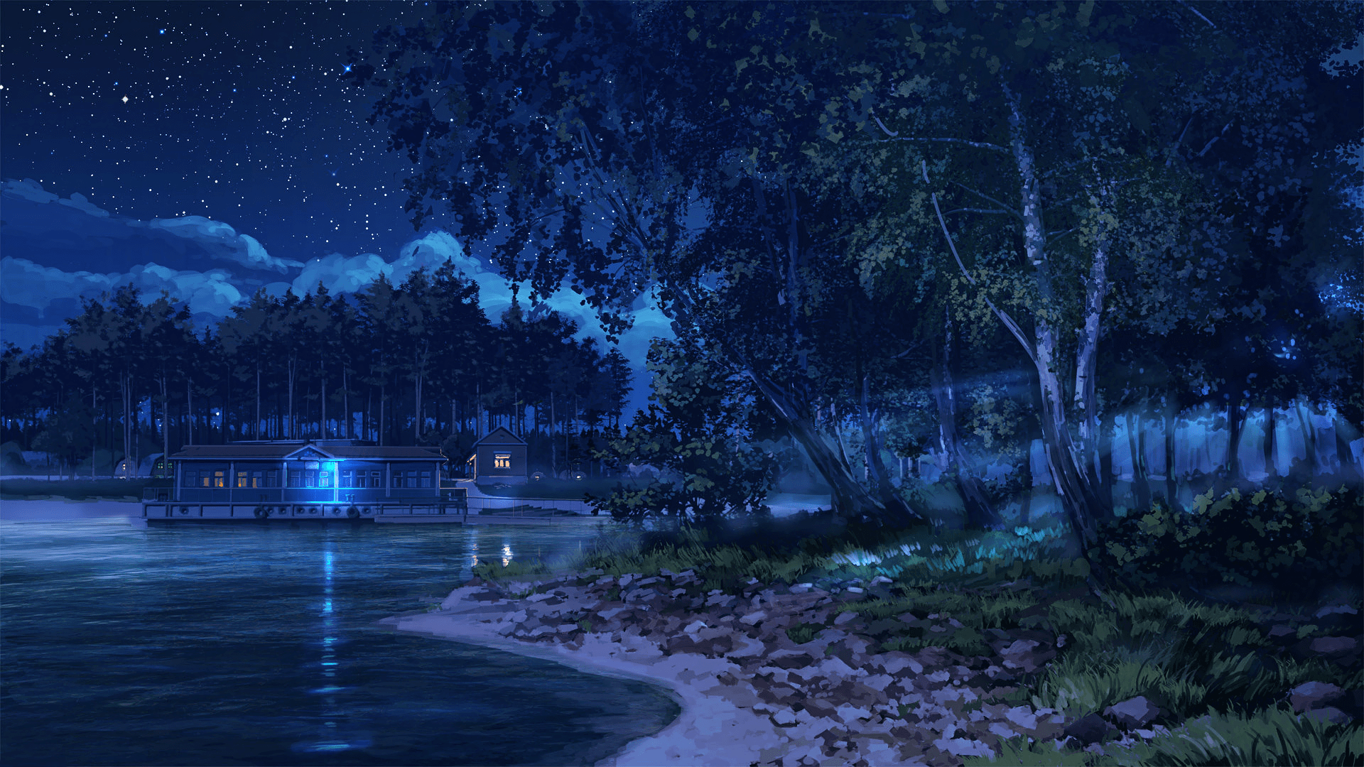 1920x1080 Download 1920x1080 Anime Landscape, Lake, Night, Light