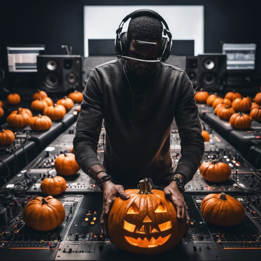 1024x1024 DJ with a pumpkin head in music studio