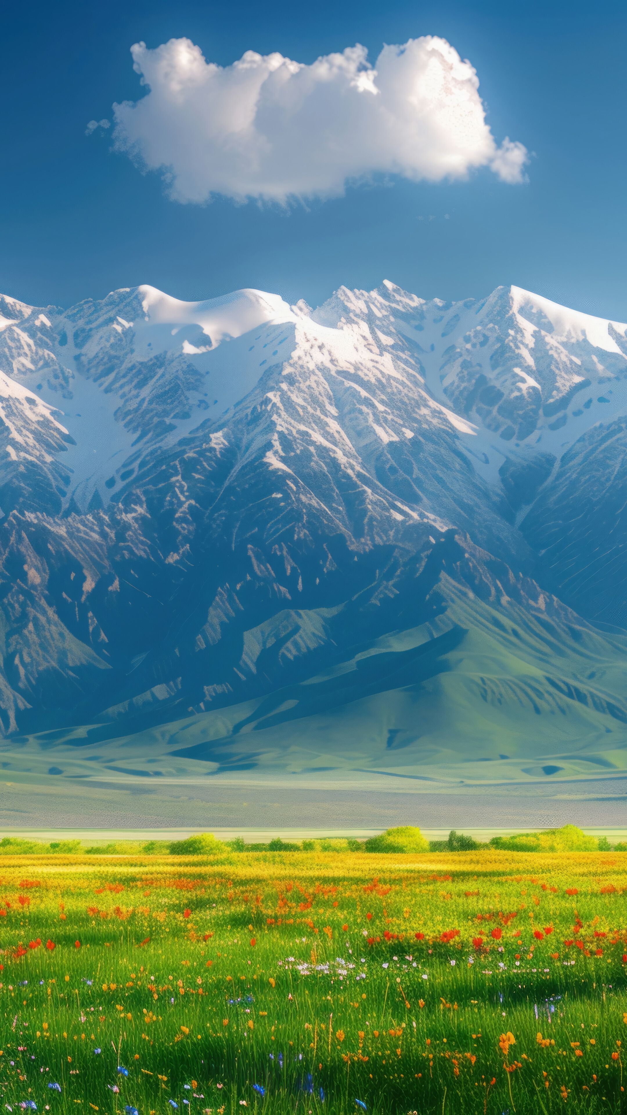 2160x3840 Flowers Green Field Snowy Mountains