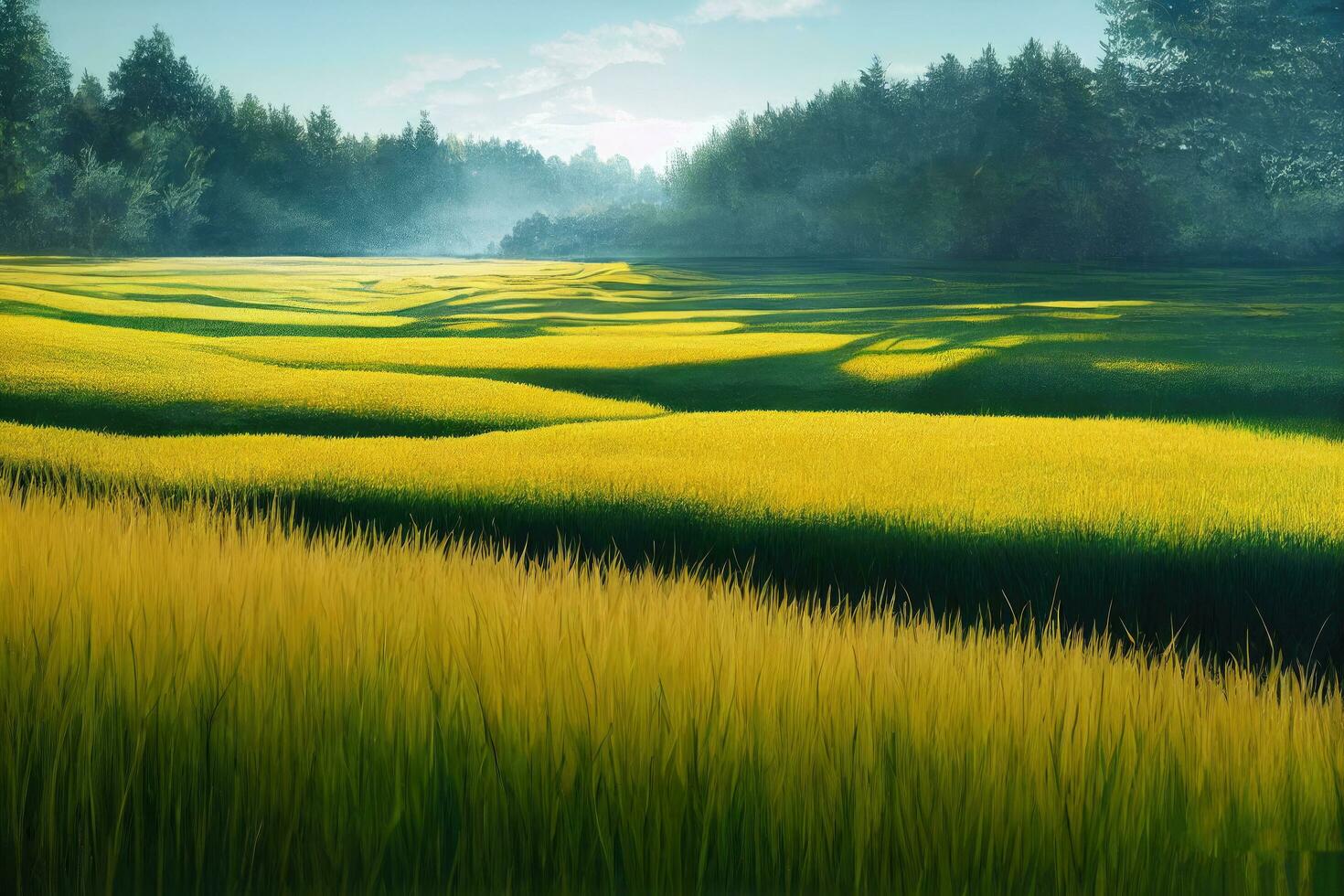 1470x980 AI generated Green field, tree and blue