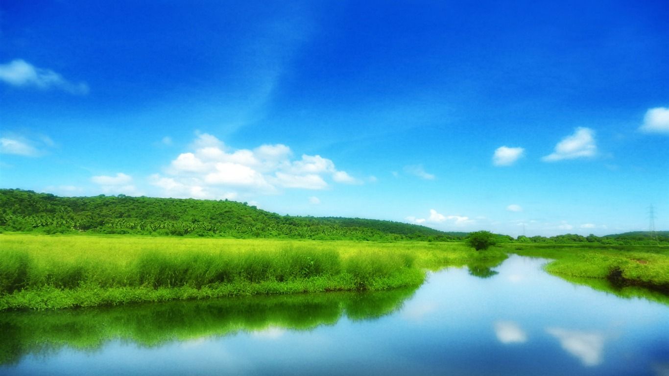 1366x768 Green Field With Blue Sky Scenery HD