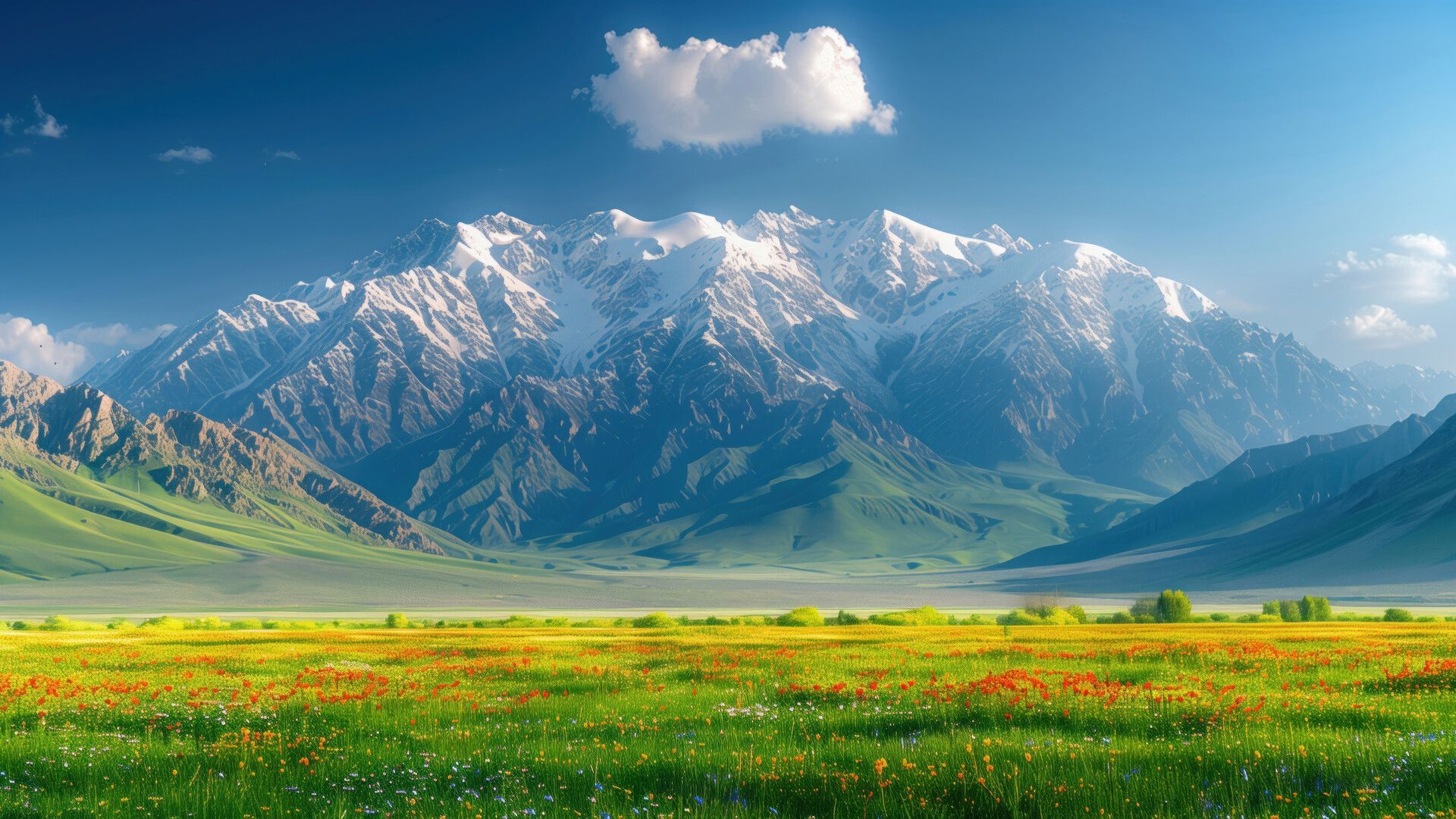 1920x1080 Flowers Green Field Snowy Mountains