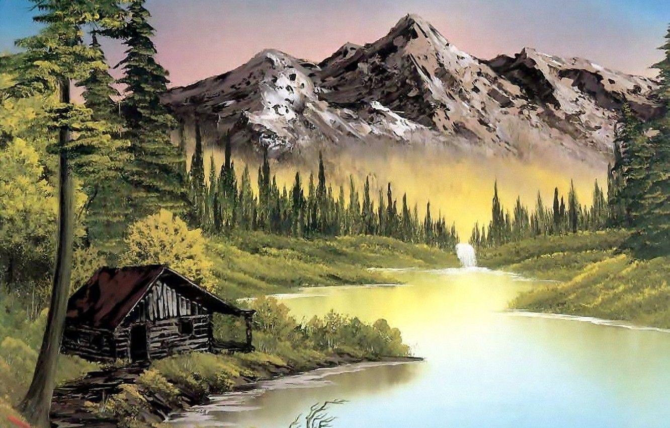 1332x850 Wallpaper trees, landscape, mountains, nature, house, river