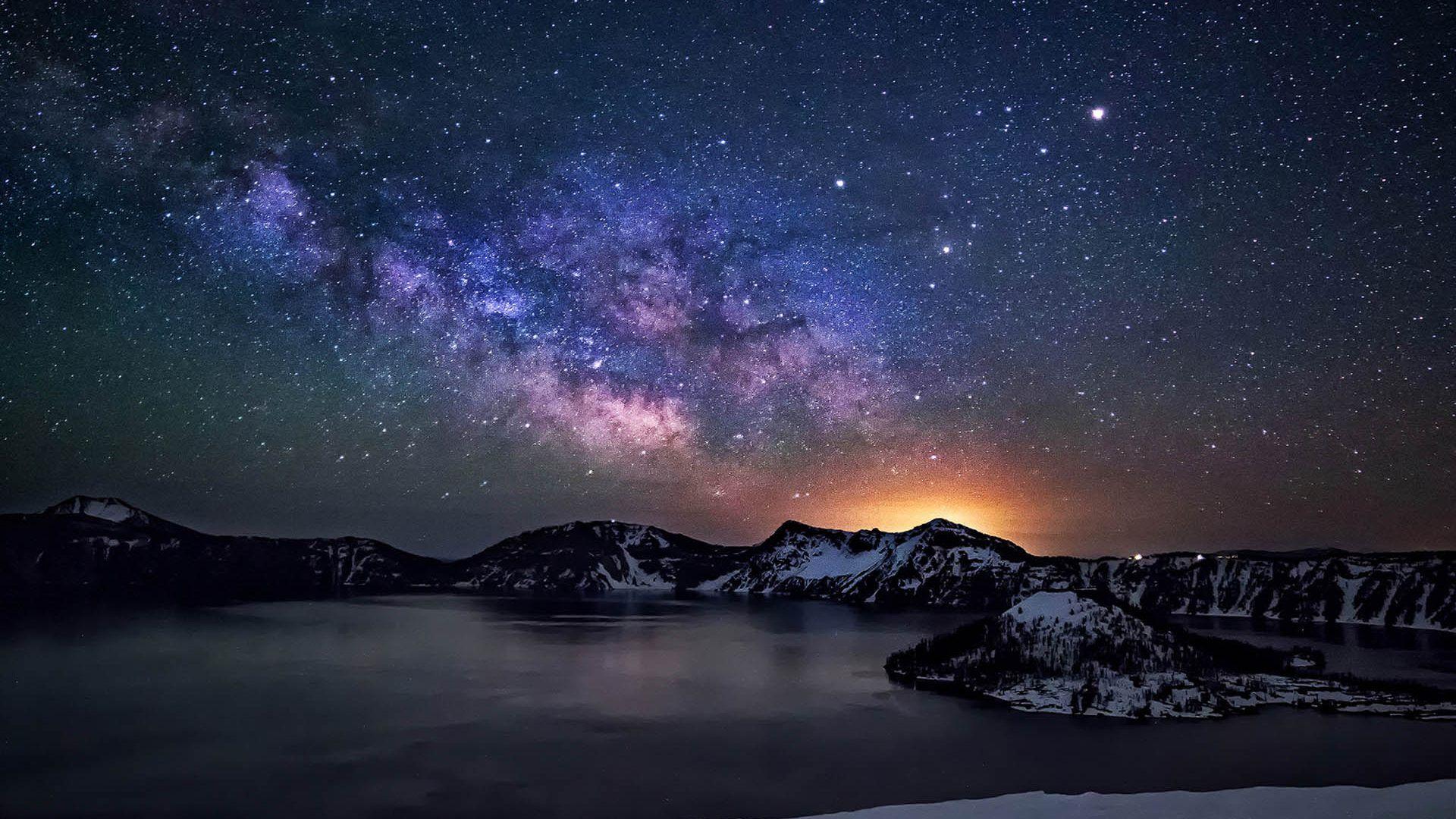 1920x1080 Crater Lake Sky Night Sky With Star Milkyway Desktop Wallpaper HD