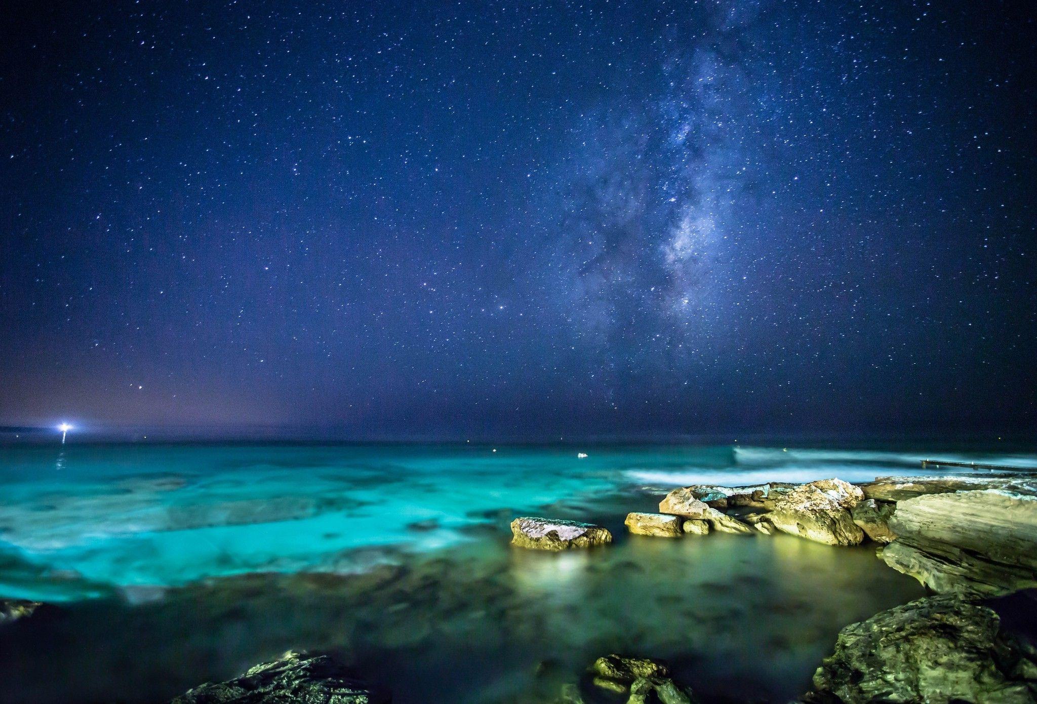 2048x1390 landscape, Sea, Night, Stars Wallpaper HD / Desktop and Mobile