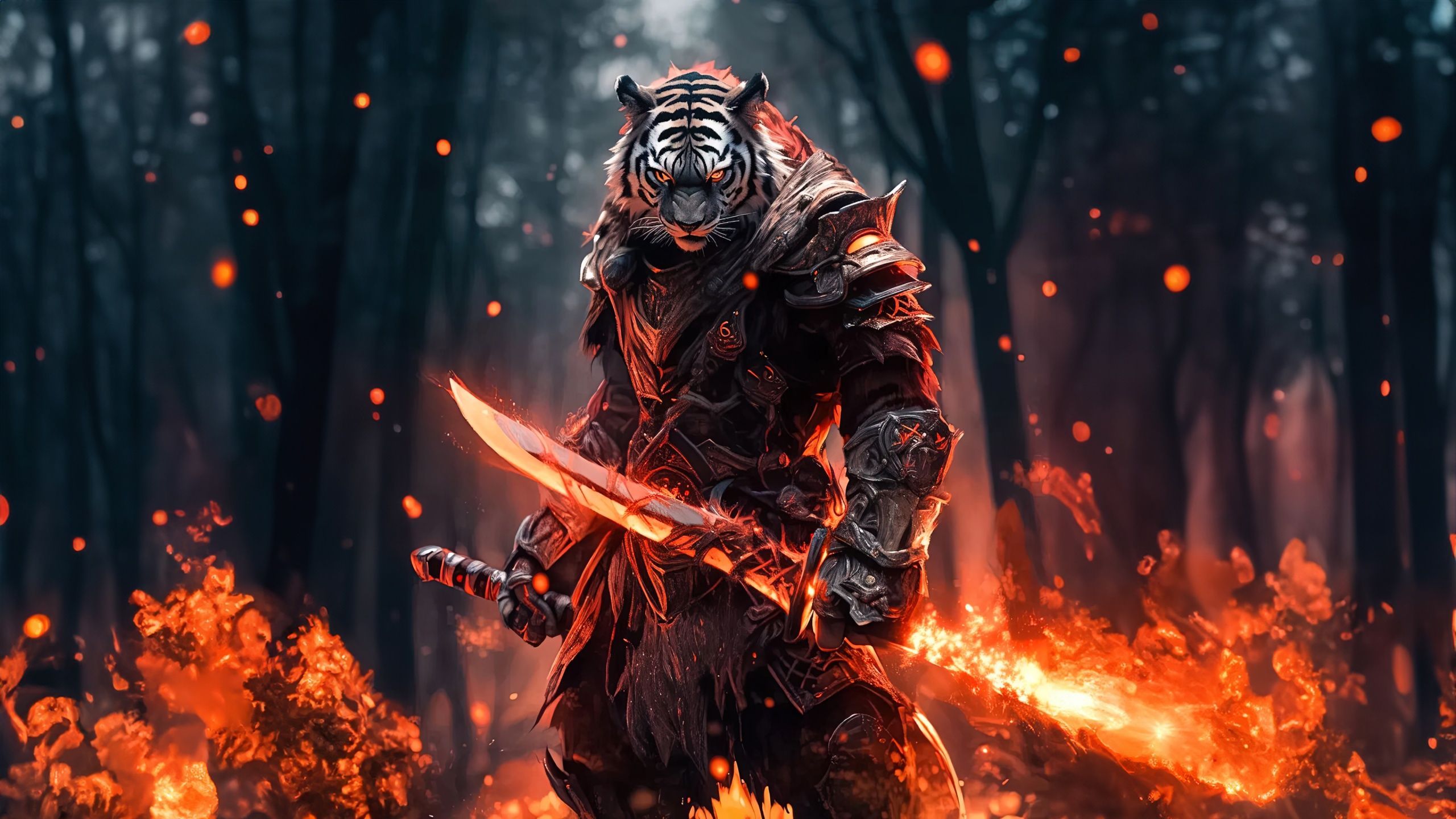 2560x1440 Tiger Wallpaper 4K, Warrior, Fire, Rage
